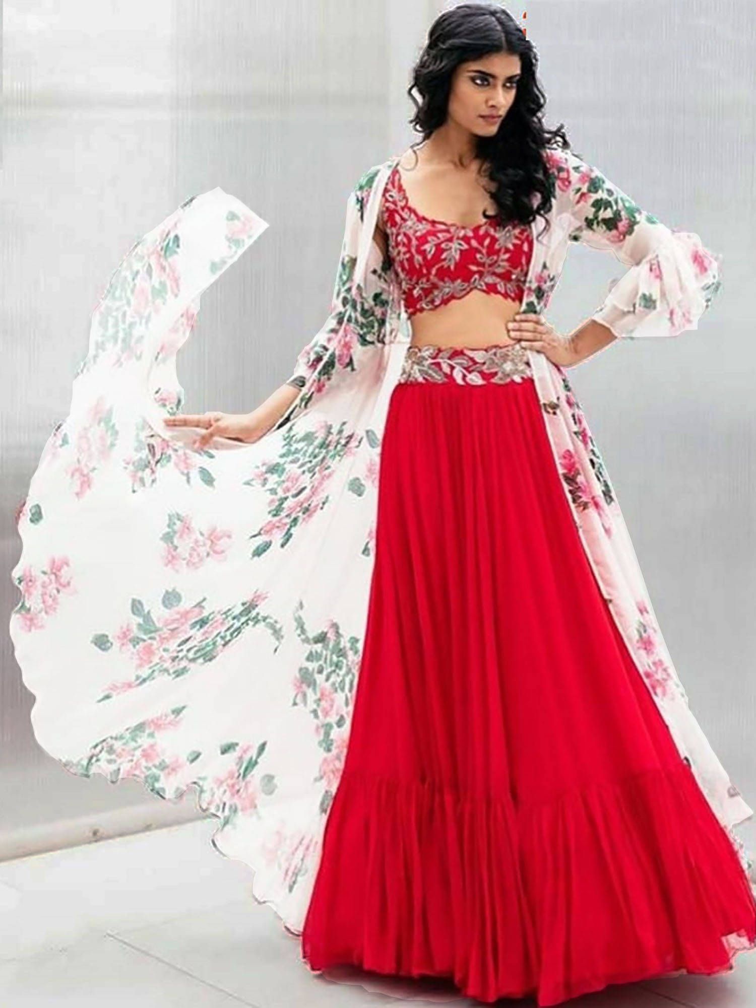 Red & White Printed Georgette Party Wear Indo Western Crop Top Lehenga With Jacket