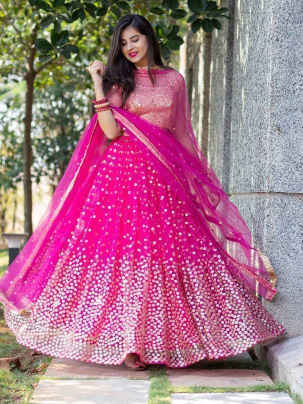 Rani Pink Sequins Net Party Wear Lehenga Choli With Dupatta (Default)