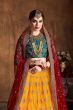 Teal Green -Yellow Embroidery Banarasi Silk Bridal Lehenga Choli With Maroon Dupatta (Default)