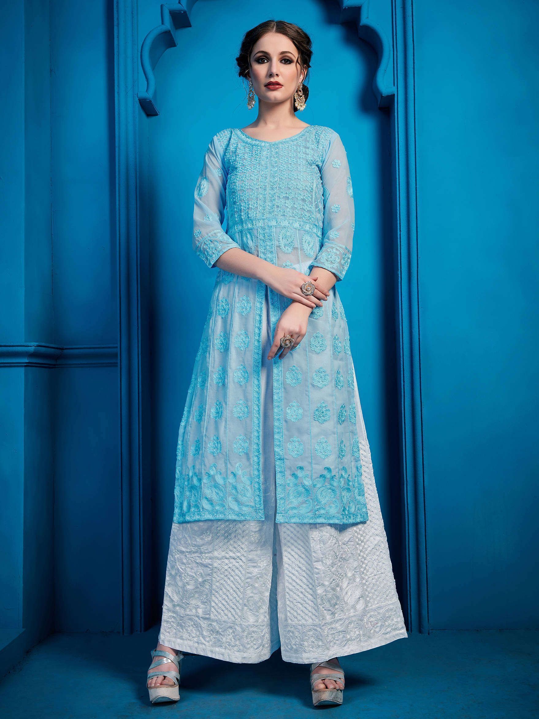 Readymade Sky Blue Thread Embroidered Georgette Party Wear Palazzo Suit (Default)