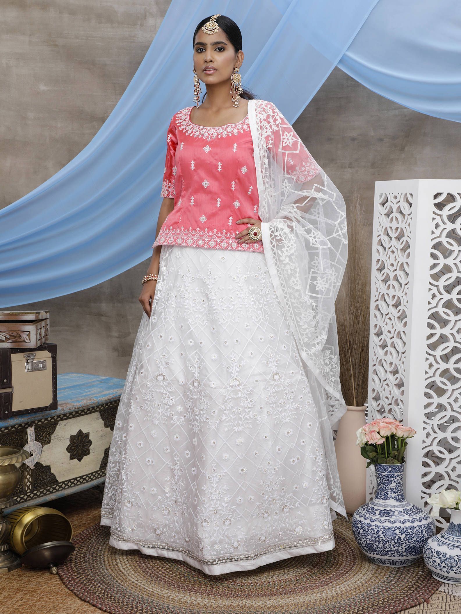 White & Pink Thread Sequins Net Wedding Wear Lehenga Choli