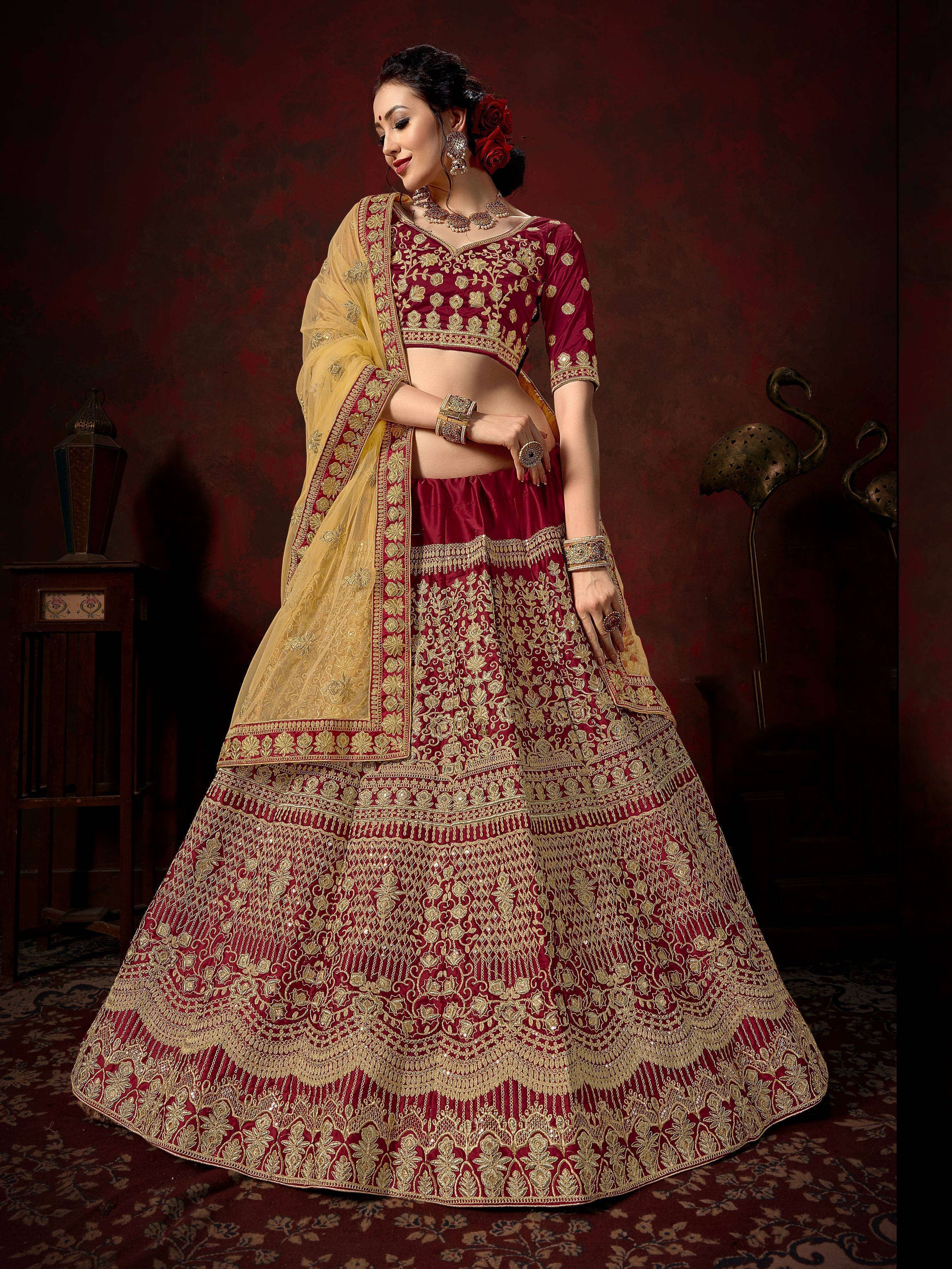 Maroon Thread Embroidery Satin Wedding Lehenga Choli With Golden Dupatta (Default)