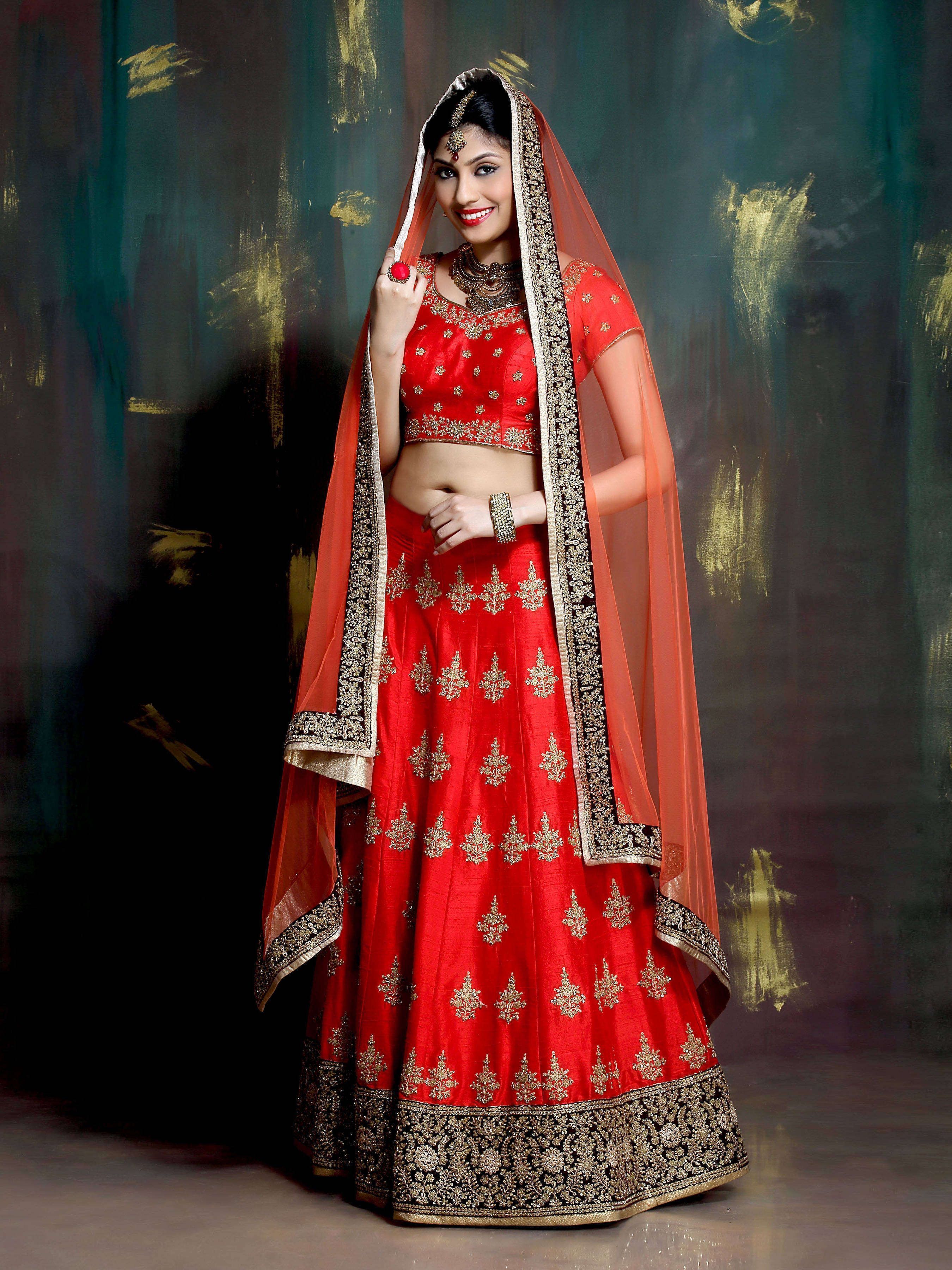 Red Thread Embroidered Silk Bridal Lehenga Choli With Dupatta
