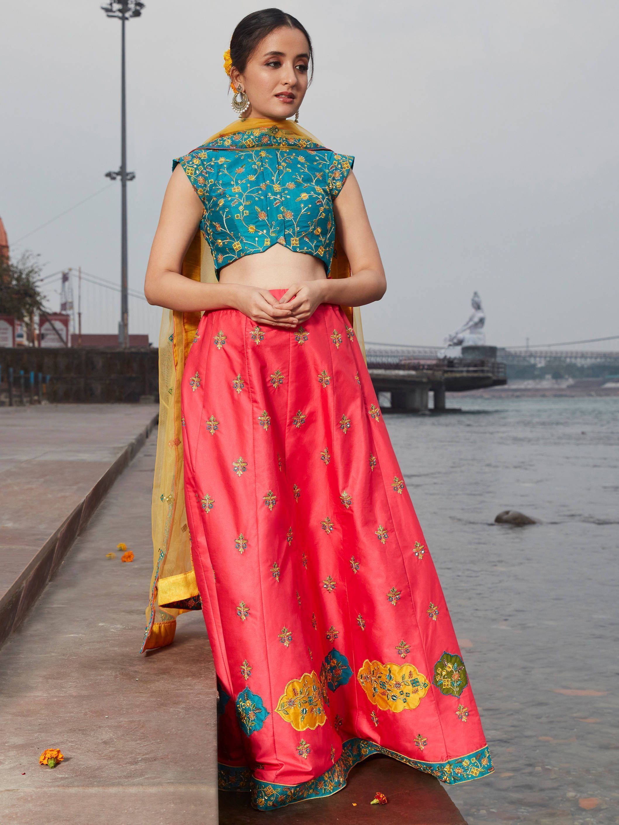 Pink & Blue Embroidered Satin Silk Wedding Wear Lehenga Choli