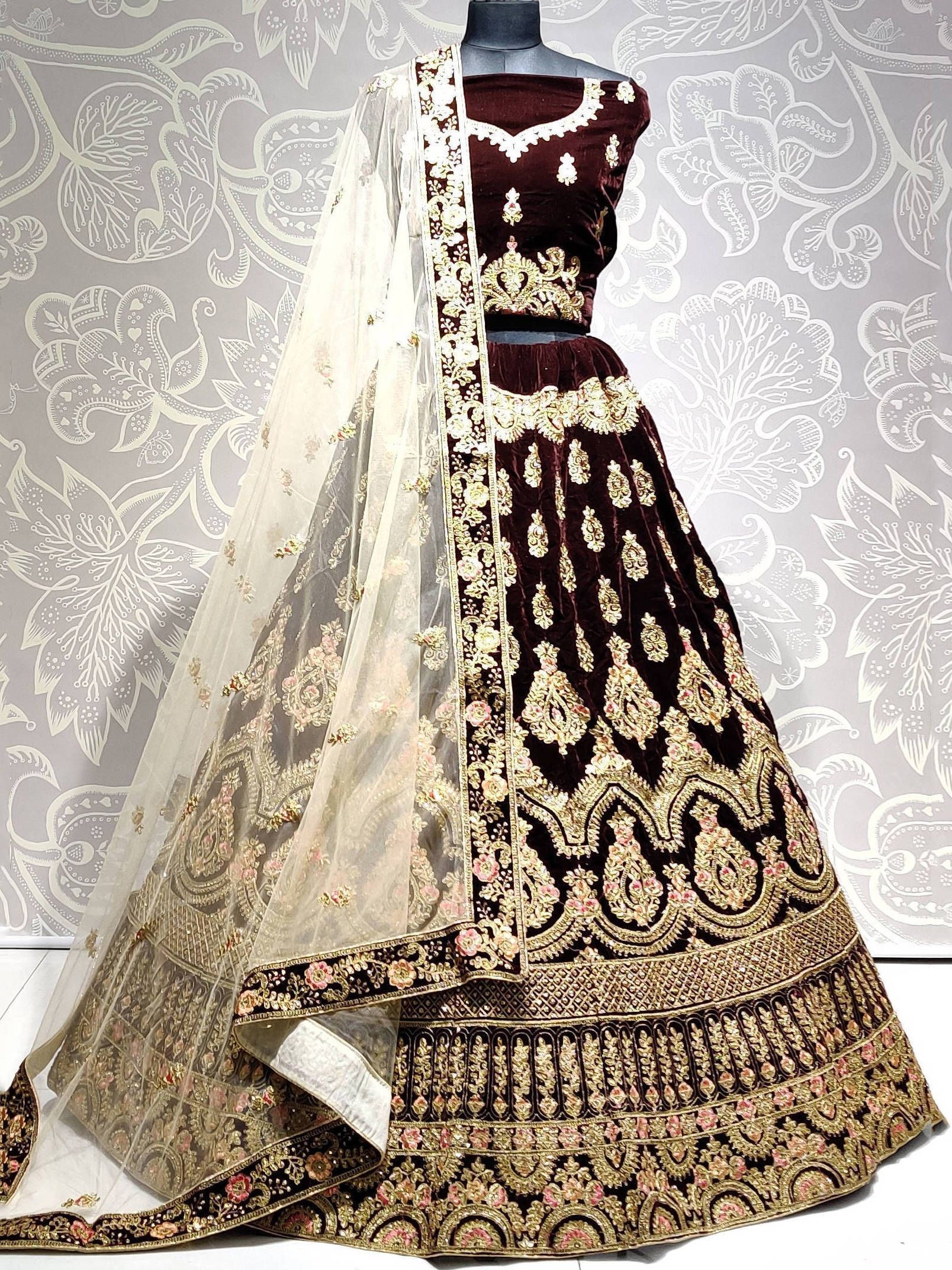 Pink Zari Embroidered Pure Velvet Bridal Lehenga Choli
