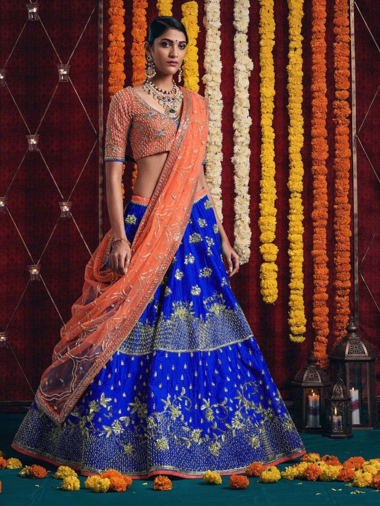 Royal Blue Embroidered Art Silk Bridal Lehenga With Orange Choli and Dupatta (Default)