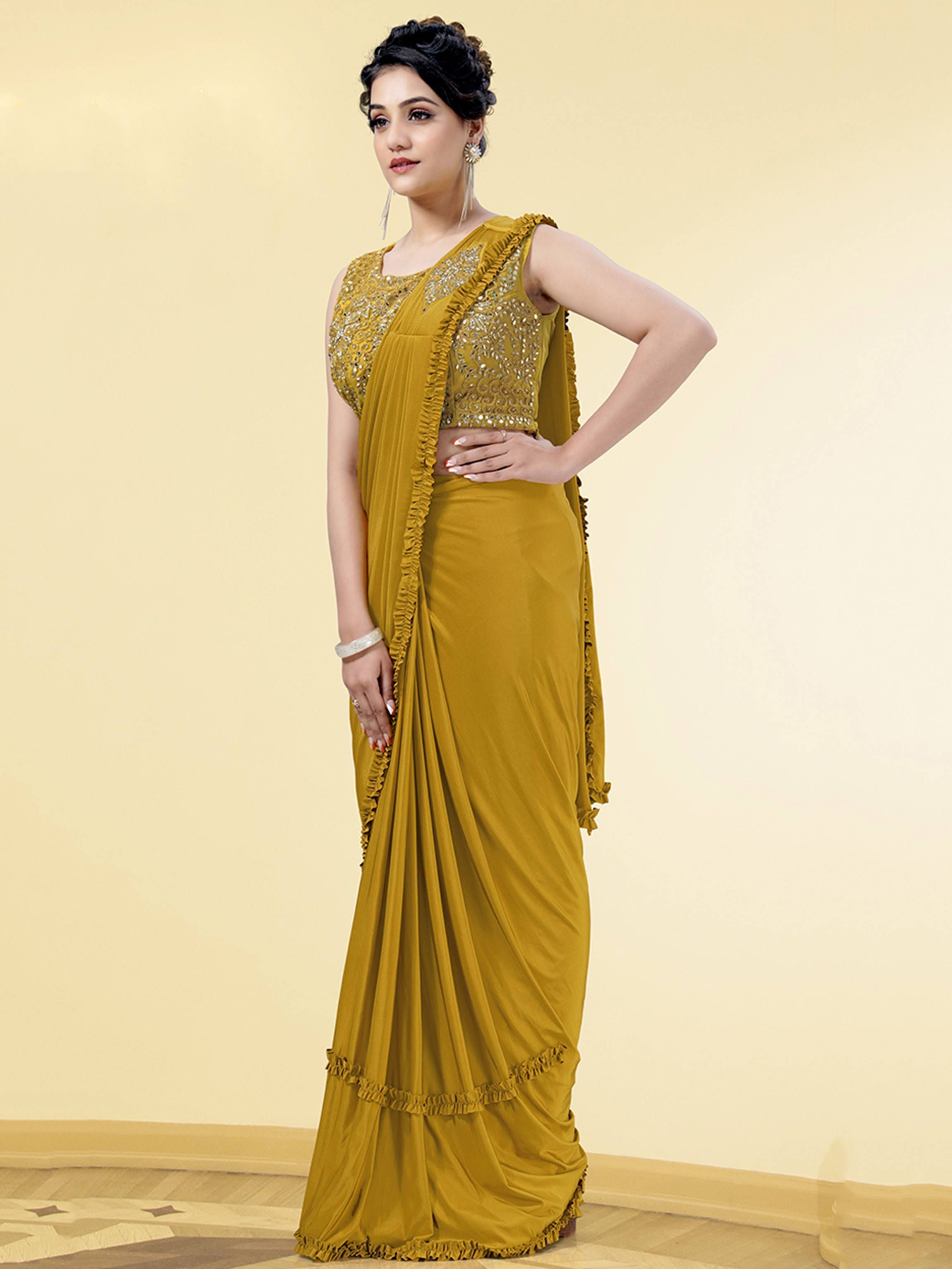 Charming Yellow Lycra Pre-Stitched Party Wear Saree