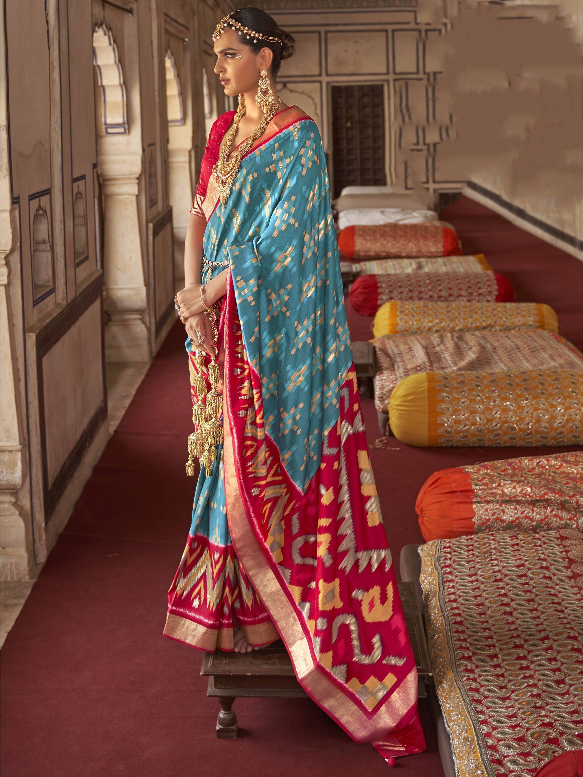 Blue & Red Patola Printed Silk Wedding Wear Saree With Blouse