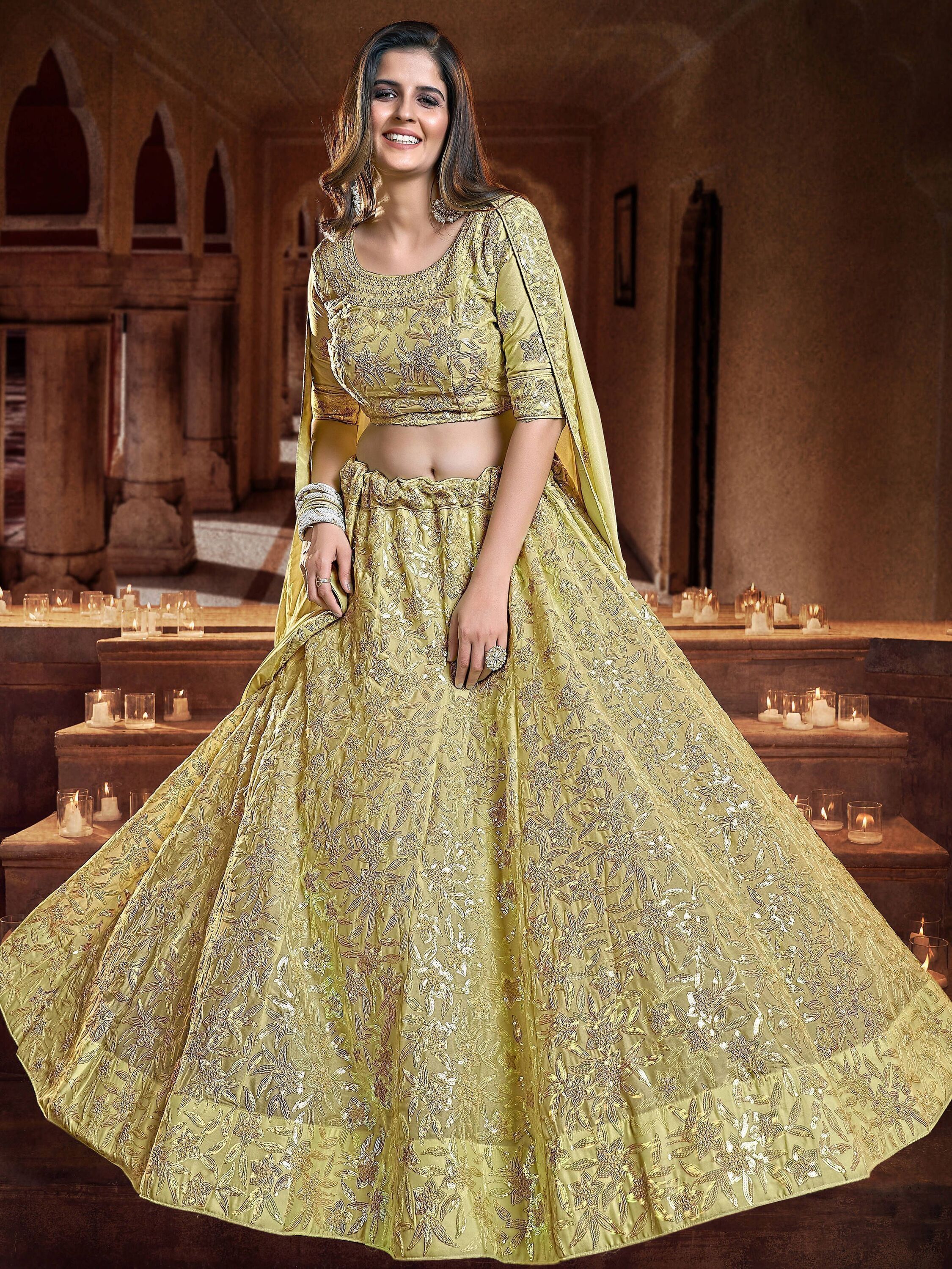 Charming Dark Yellow Sequins Embroidered Georgette Wedding Wear Lehenga Choli 