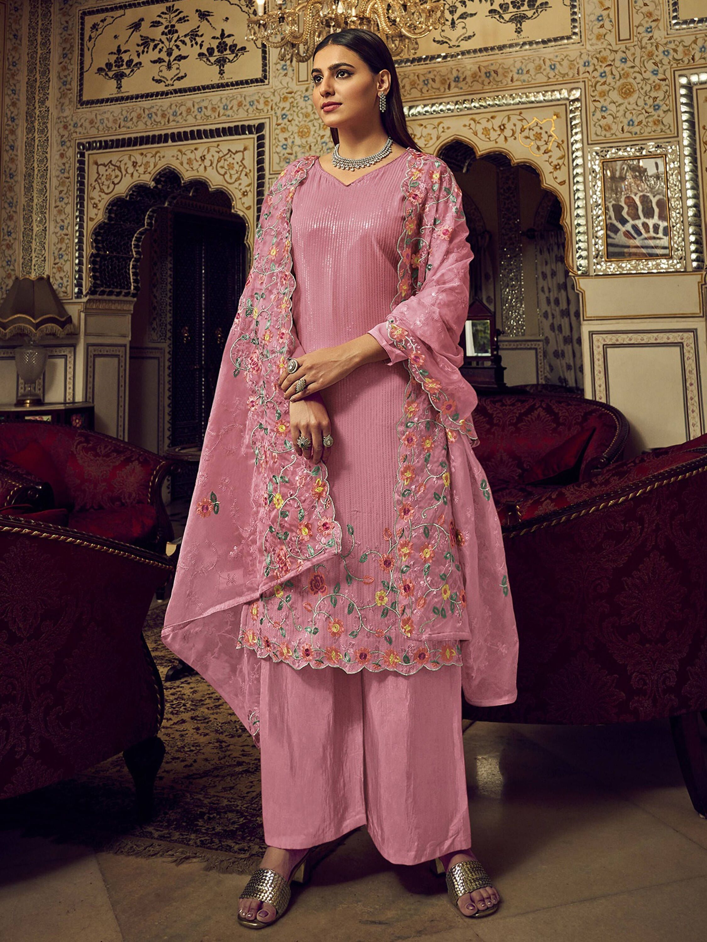 Beauteous Pink Sequins Embroidered Georgette Festive Wear Salwar Suit