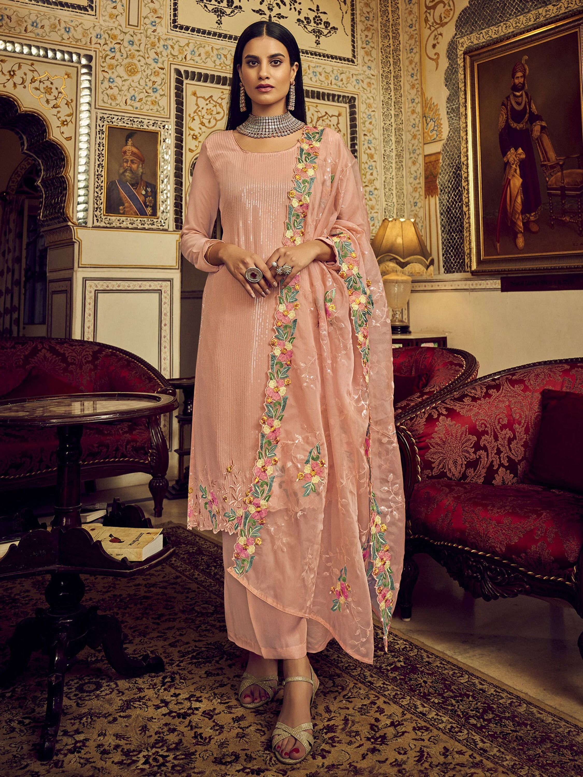 Lovely Peach Sequins Embroidered Georgette Festive Wear Salwar Suit