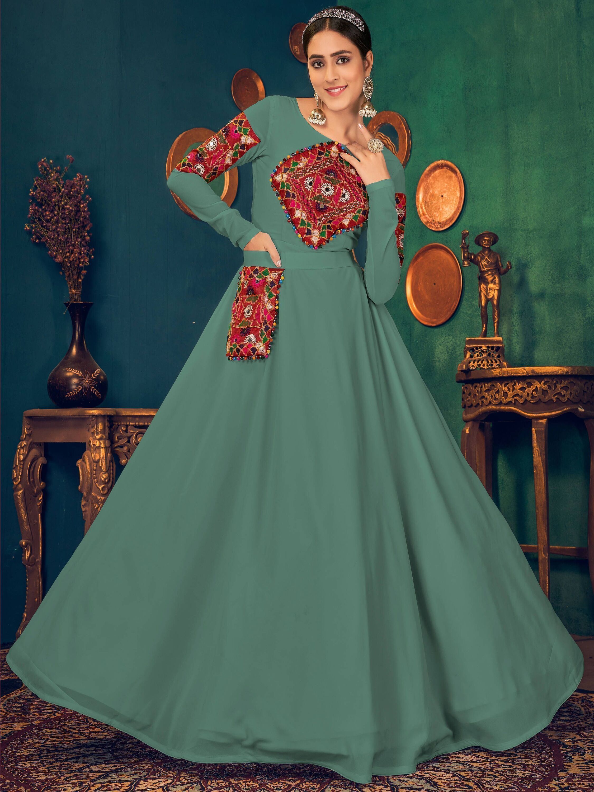 Green Sequined Readymade Gown In Georgette 269GW06