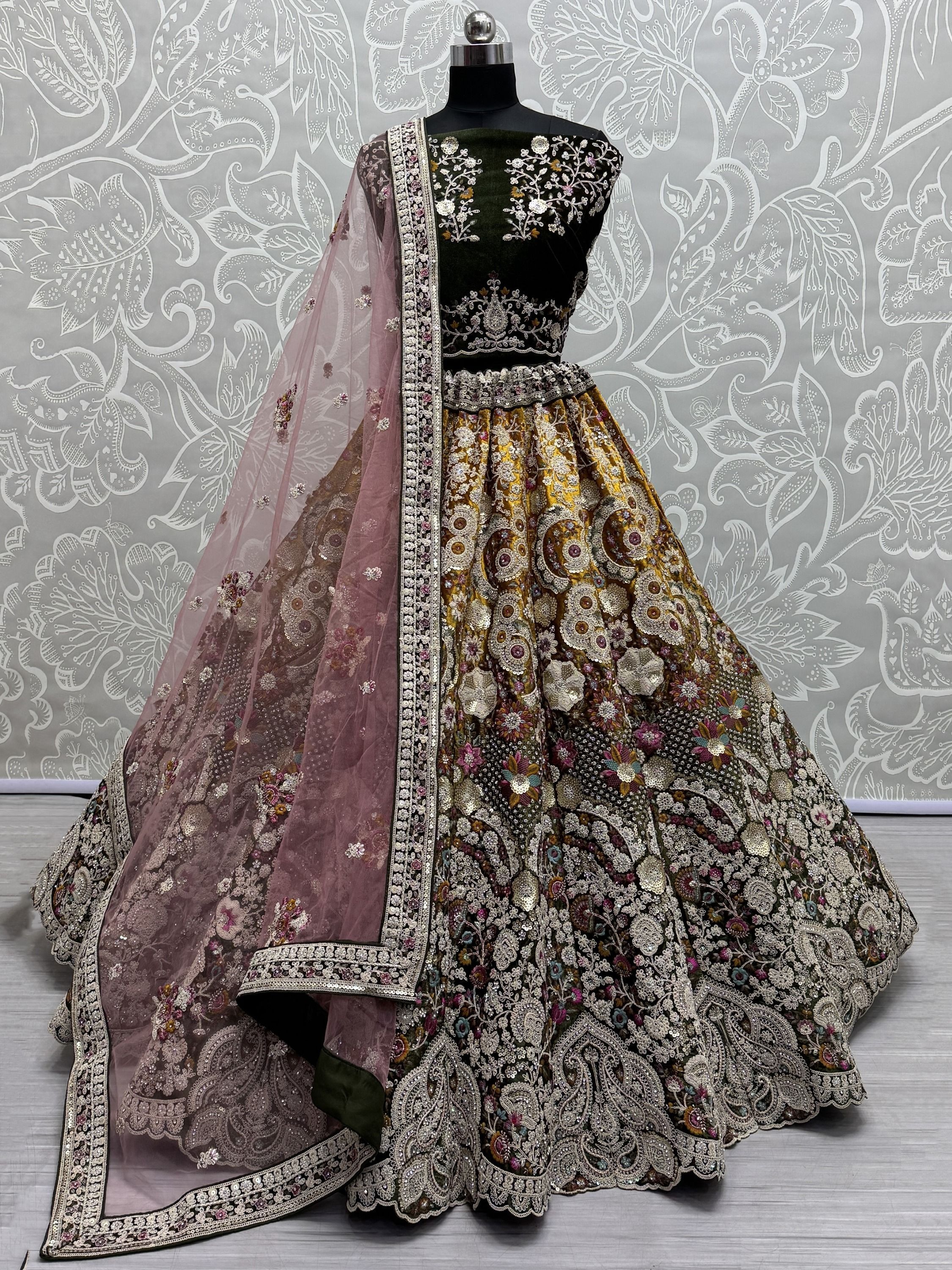 Stunning Olive Green Dori Work Velvet Bridal Lehenga Choli With Dupatta