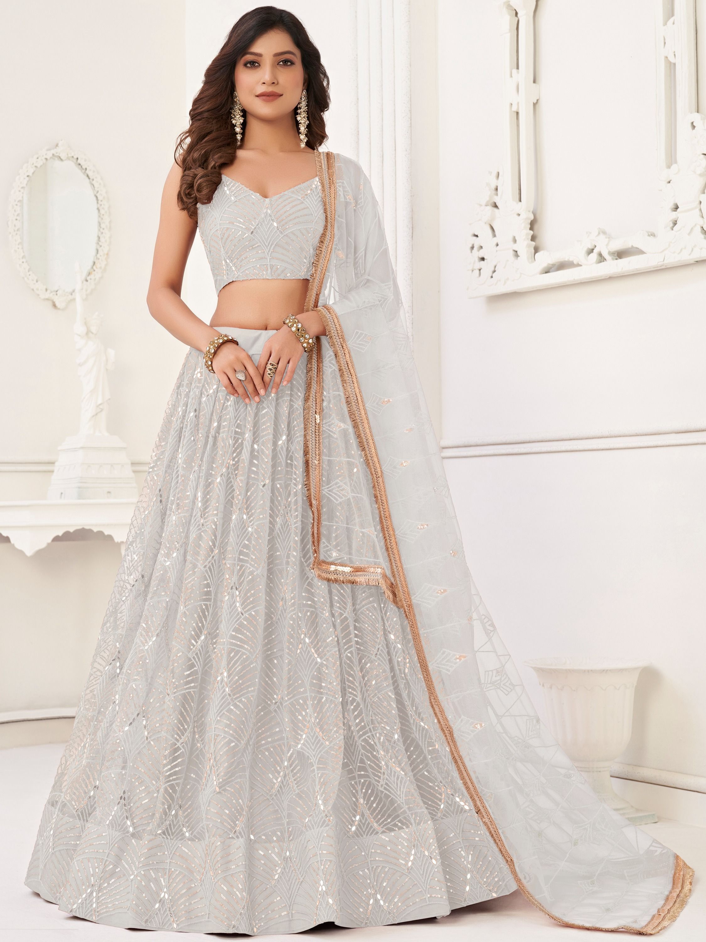 Gorgeous Off-White Sequins Net Wedding Lehenga Choli With Dupatta
