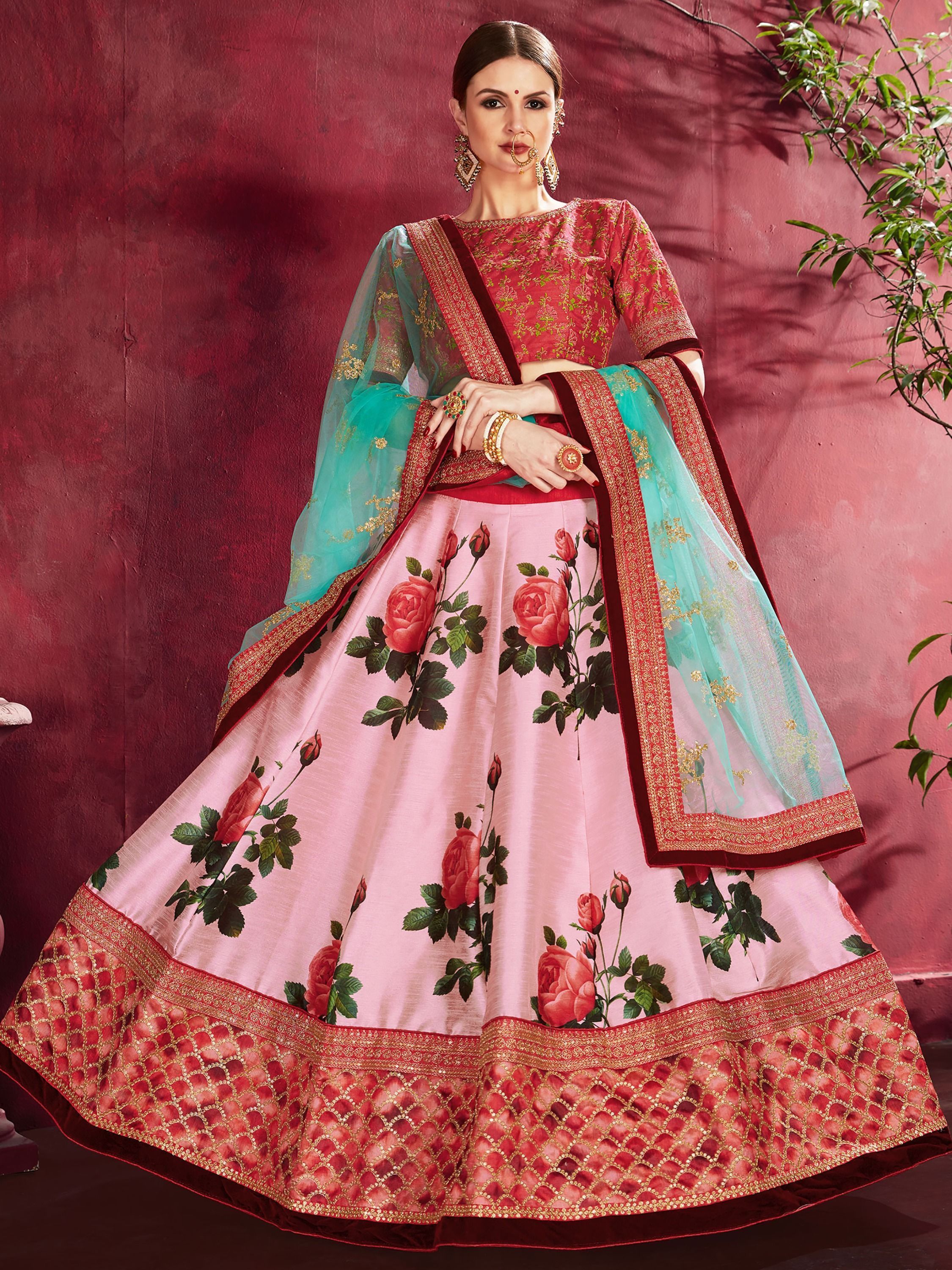 Rose Pink Floral Print Banglori  Silk Bridal Lehenga With Pink Choli And Turquoise Dupatta 