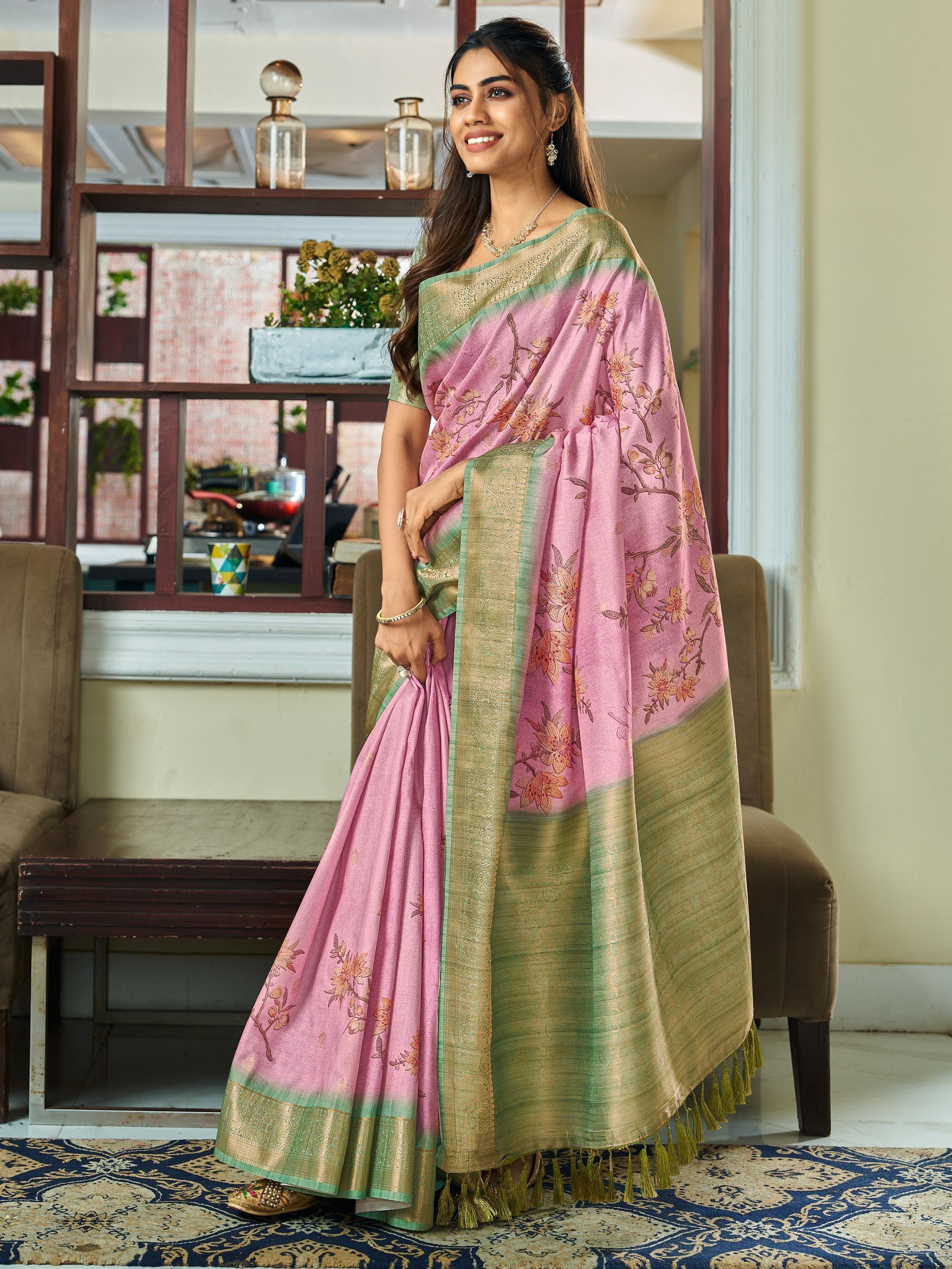 Beautiful Baby Pink Floral Printed Silk Traditional Saree With Blouse
