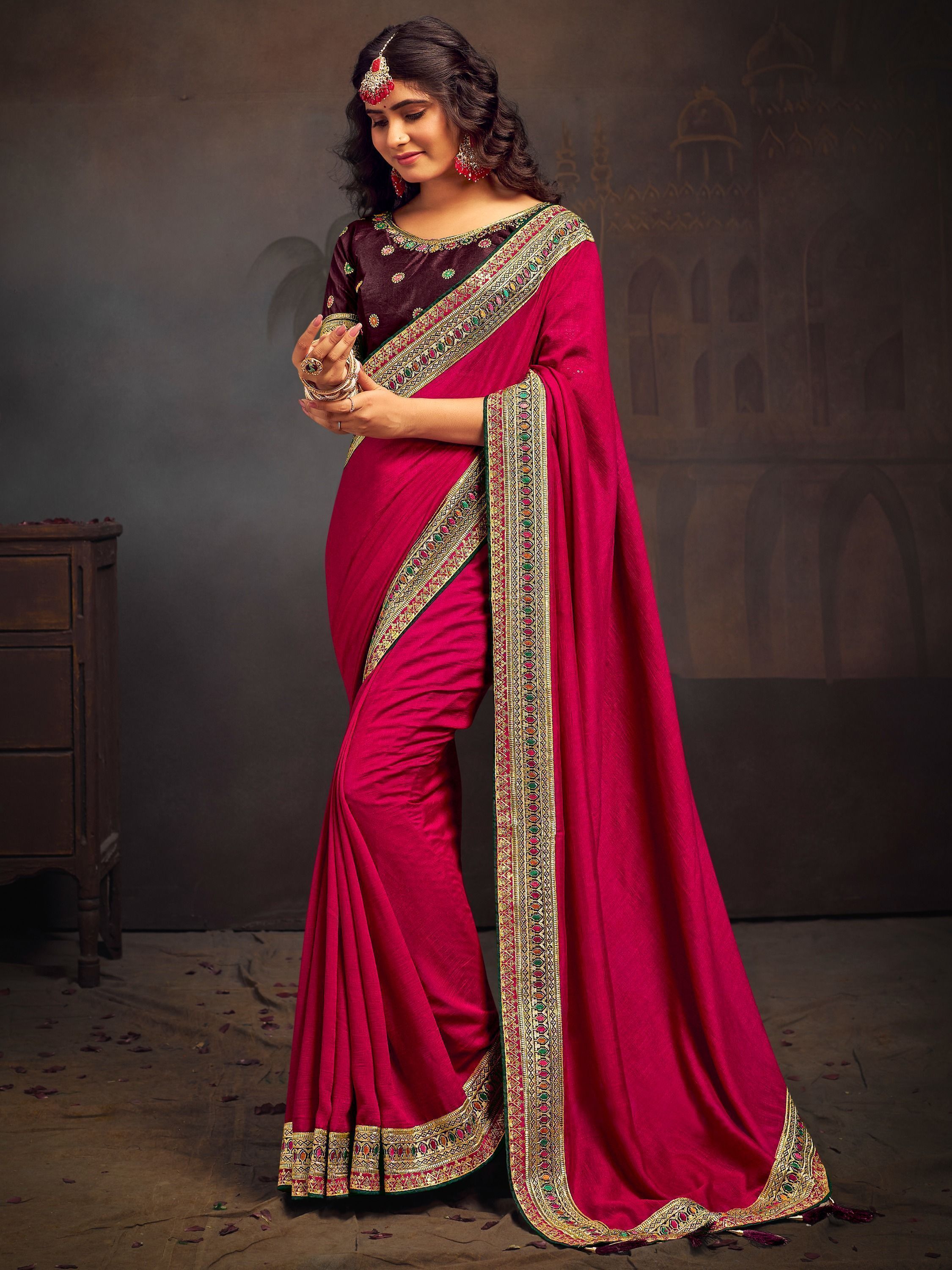 Incredible Rani Pink Heavy Border Vichitra Function Wear Saree