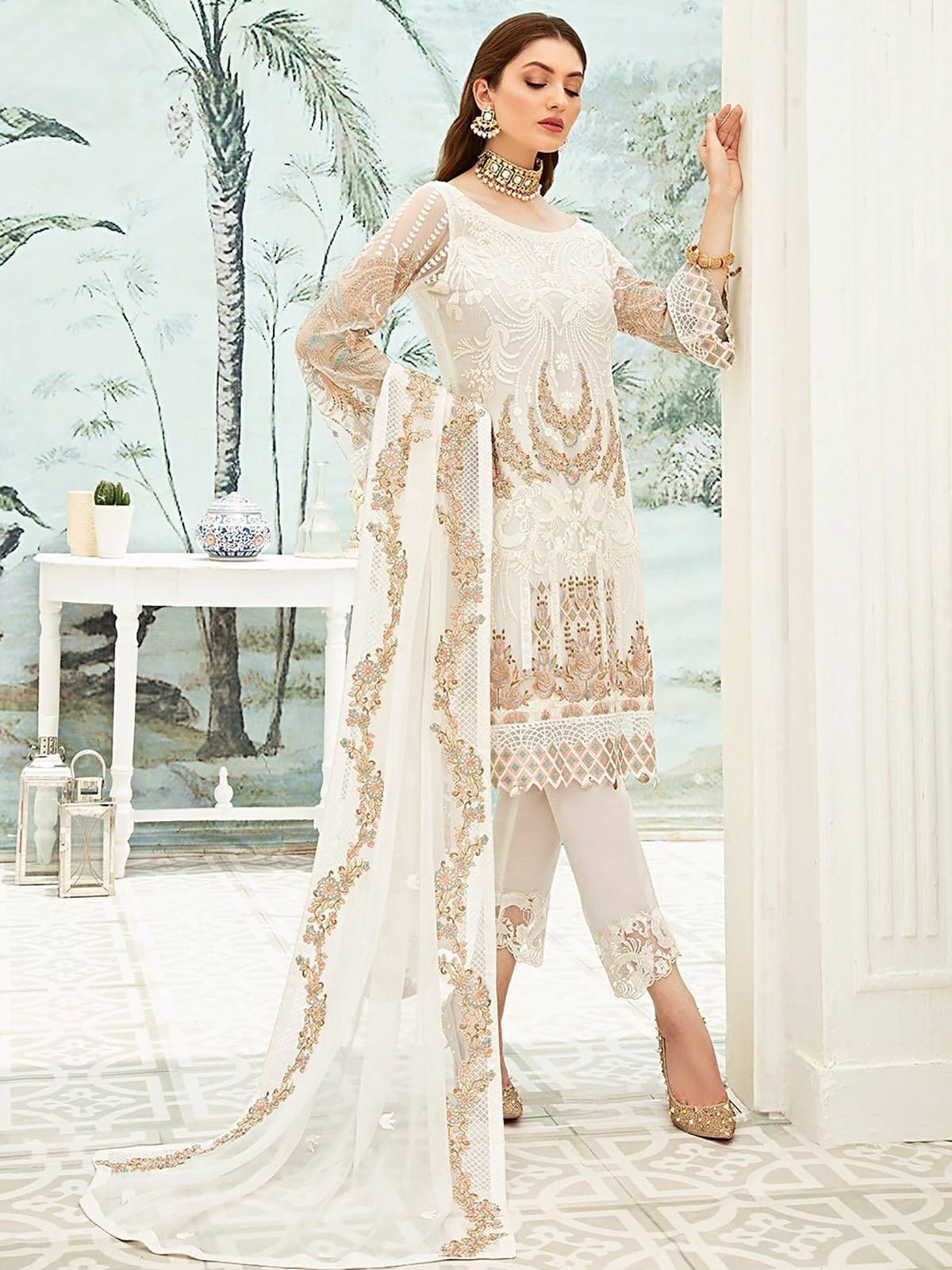 White Embroidered Georgette Festive Pakistani Straight Suit