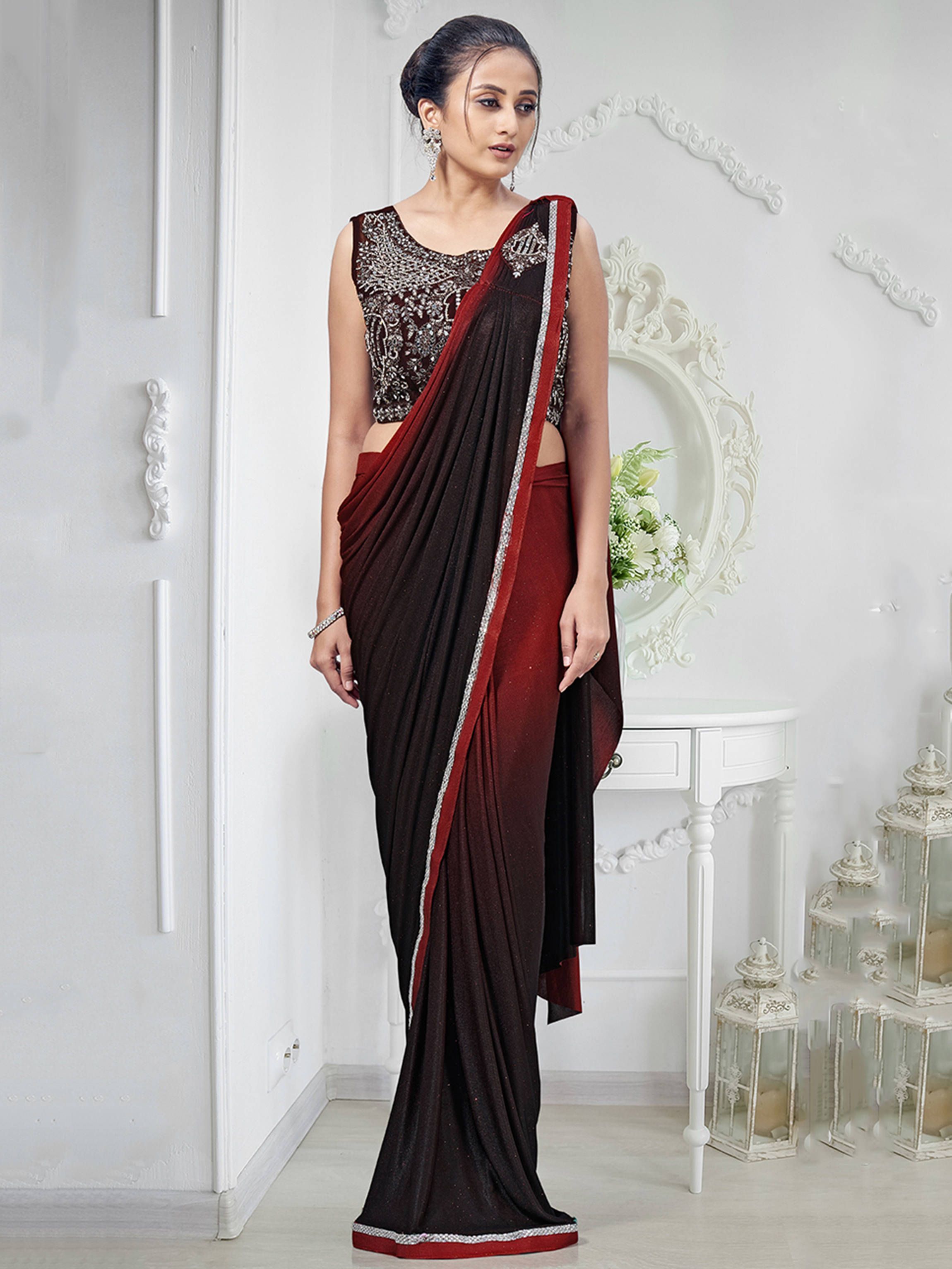 Attractive Red Ready-To-Wear Lycra Party Wear Saree