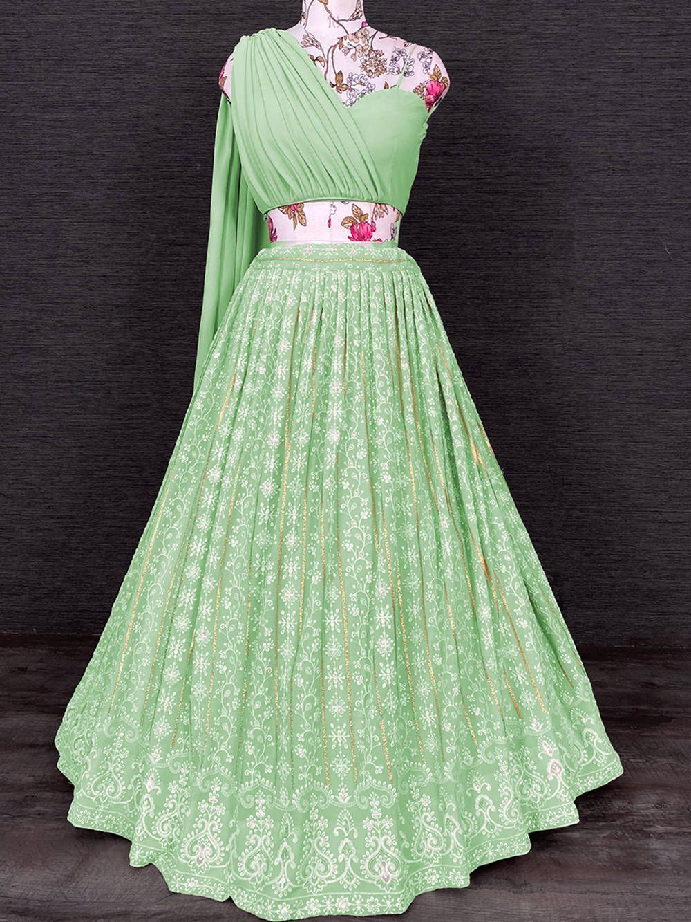 Stunning Light Green Embroidered Georgette Indo-Western Crop Top Lehenga