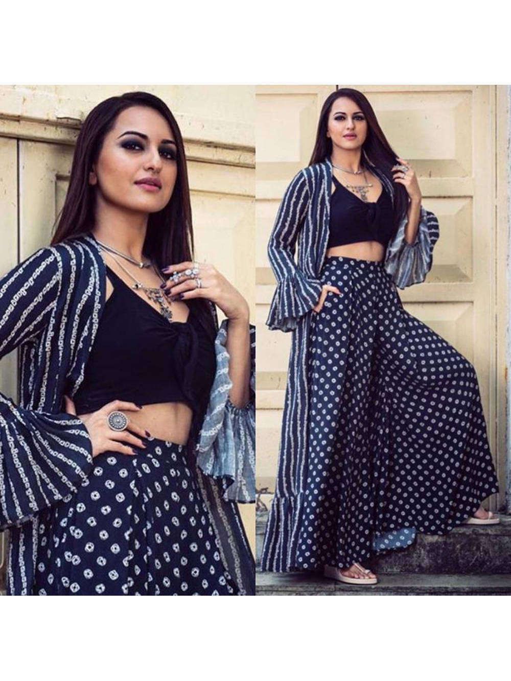 Sonakshi Sinha Navy Blue Indo-Western Printed Palazzo Suit With Jacket (Default)