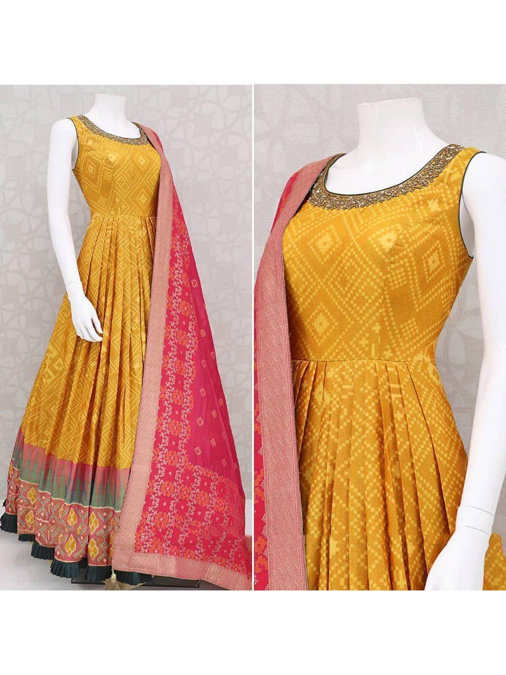 Readymade Yellow Bandhani Crepe Festival wear Gown With Orange Dupatta