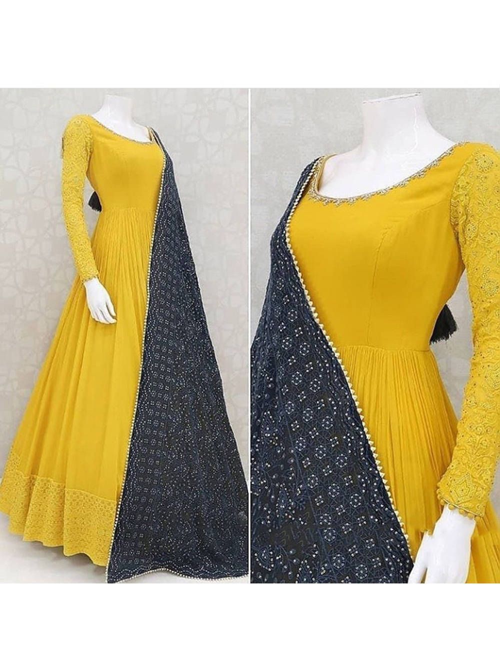 Yellow Readymade Luknawi Georgette Party Wear Gown With Dupatta