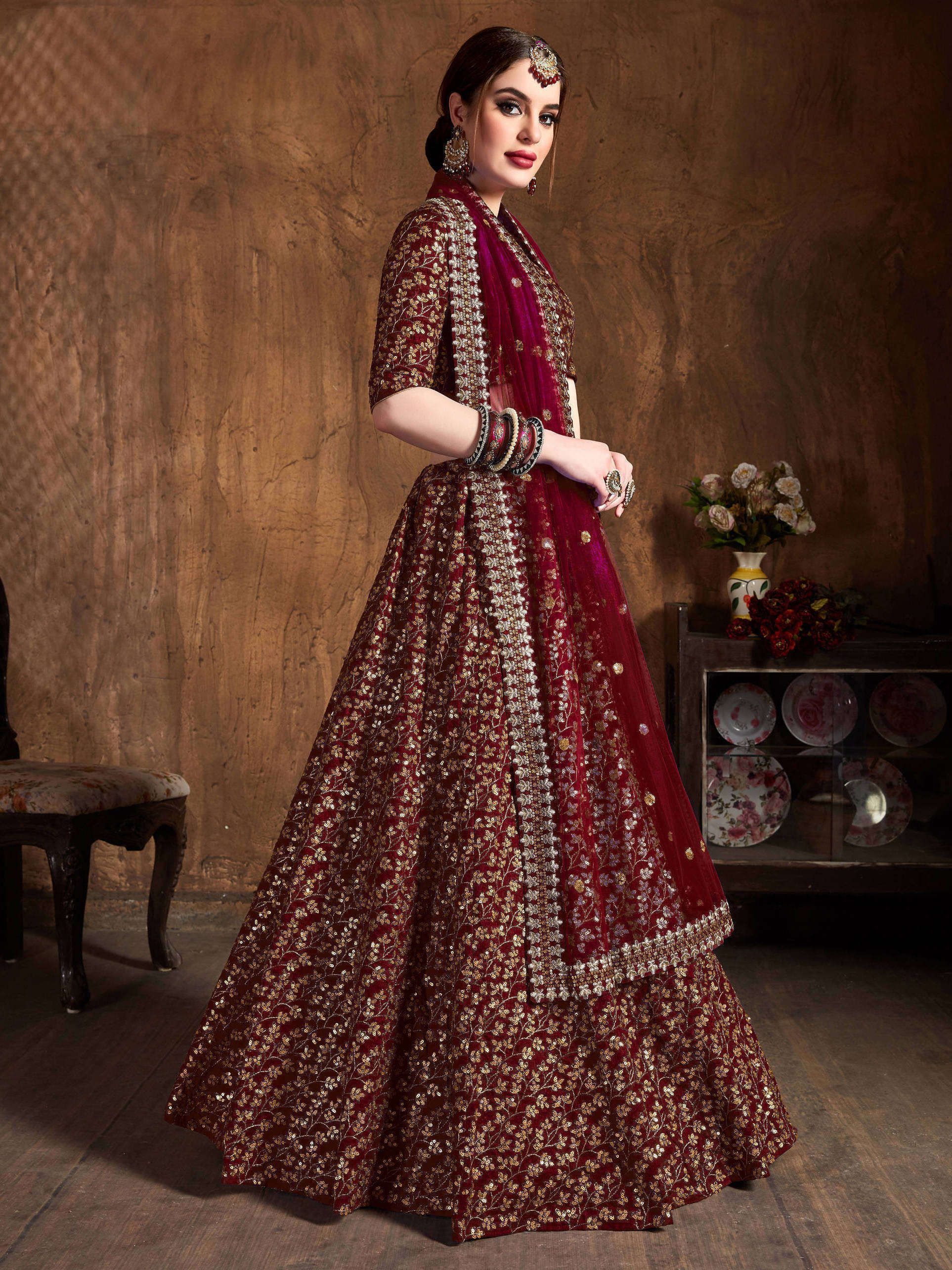 Maroon Zari Embroidery Raw Silk Wedding Lehenga Choli With Dupatta (Default)