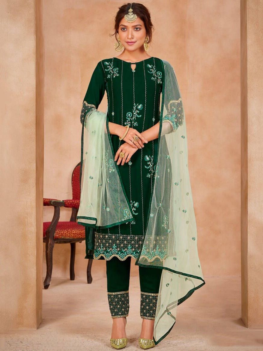 Bottle Green Embroidered Georgette Festive Straight Pant Suit