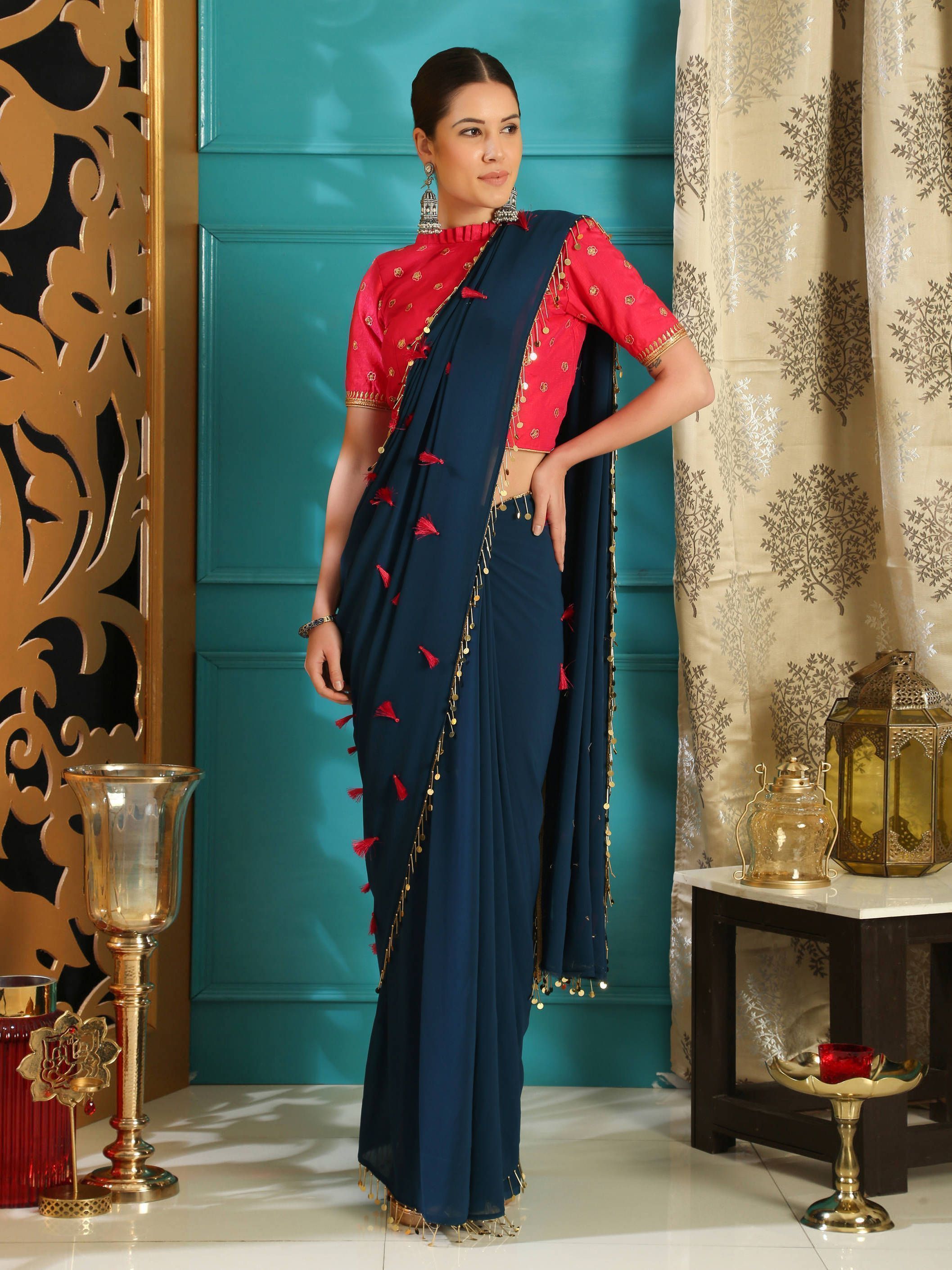 Teal Blue Sequence Pure Georgette Partywear Saree
