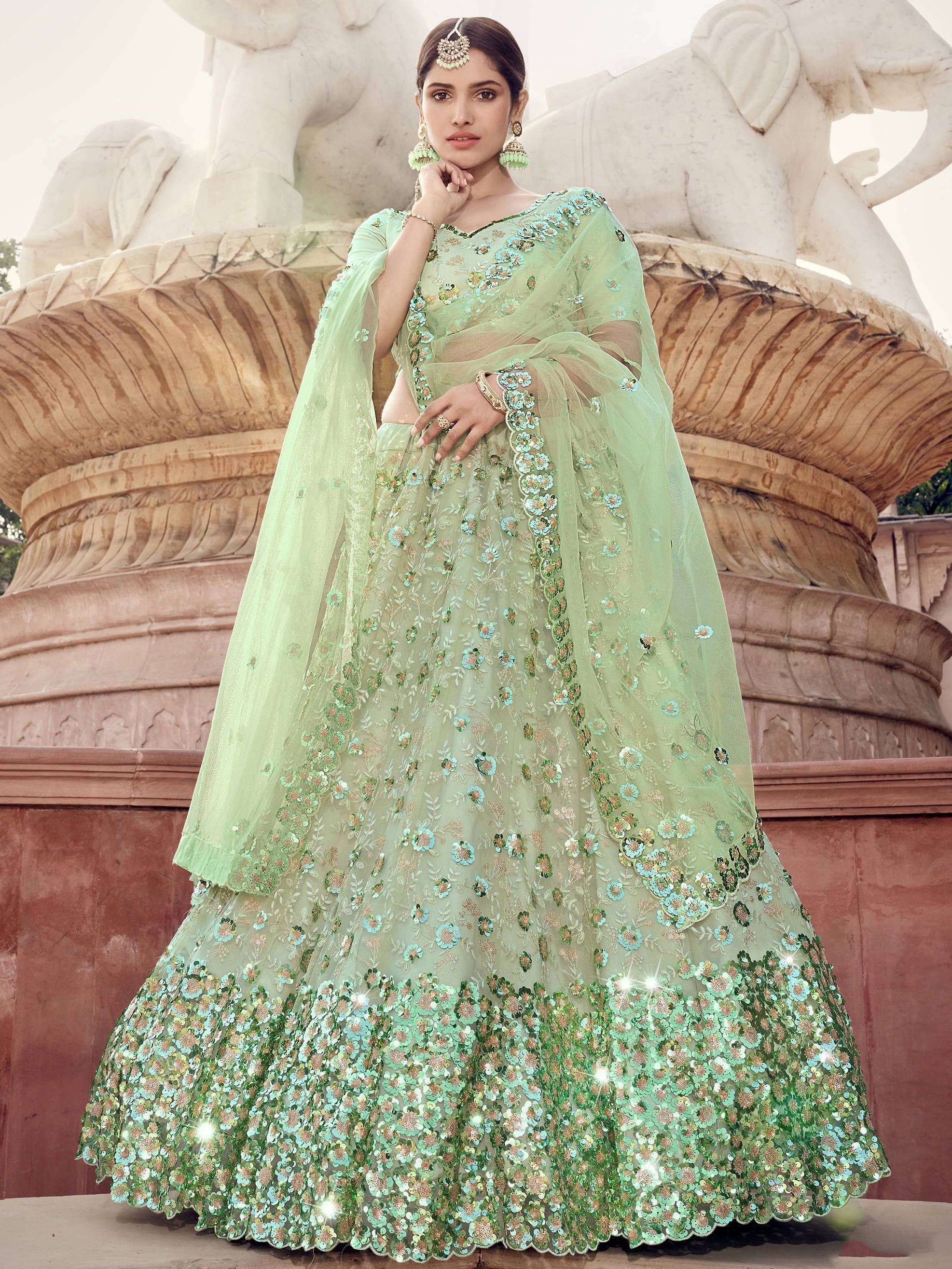 Pista Green Sequins Soft Net Wedding Wear Lehenga Choli