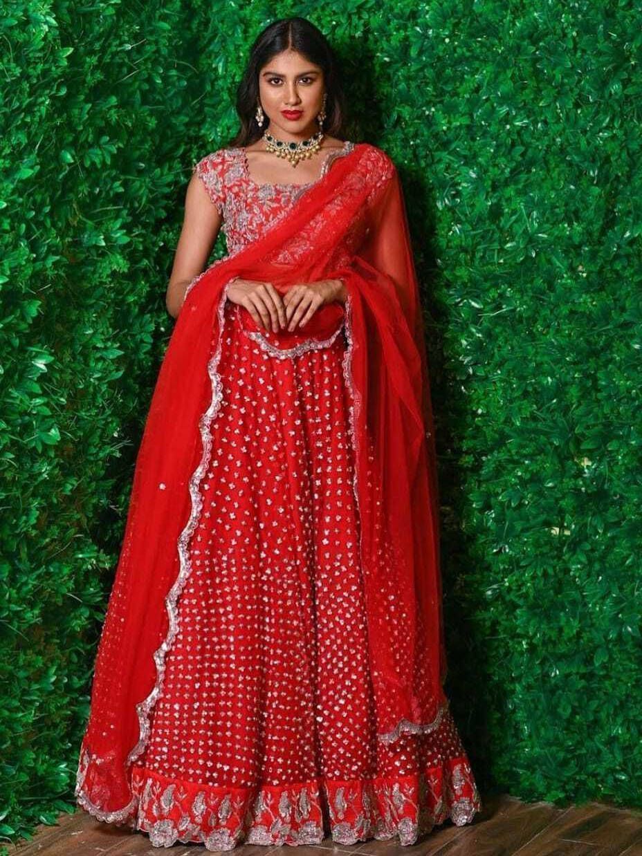 Red Embroidered Soft Net Party Wear Lehenga Choli With Dupatta