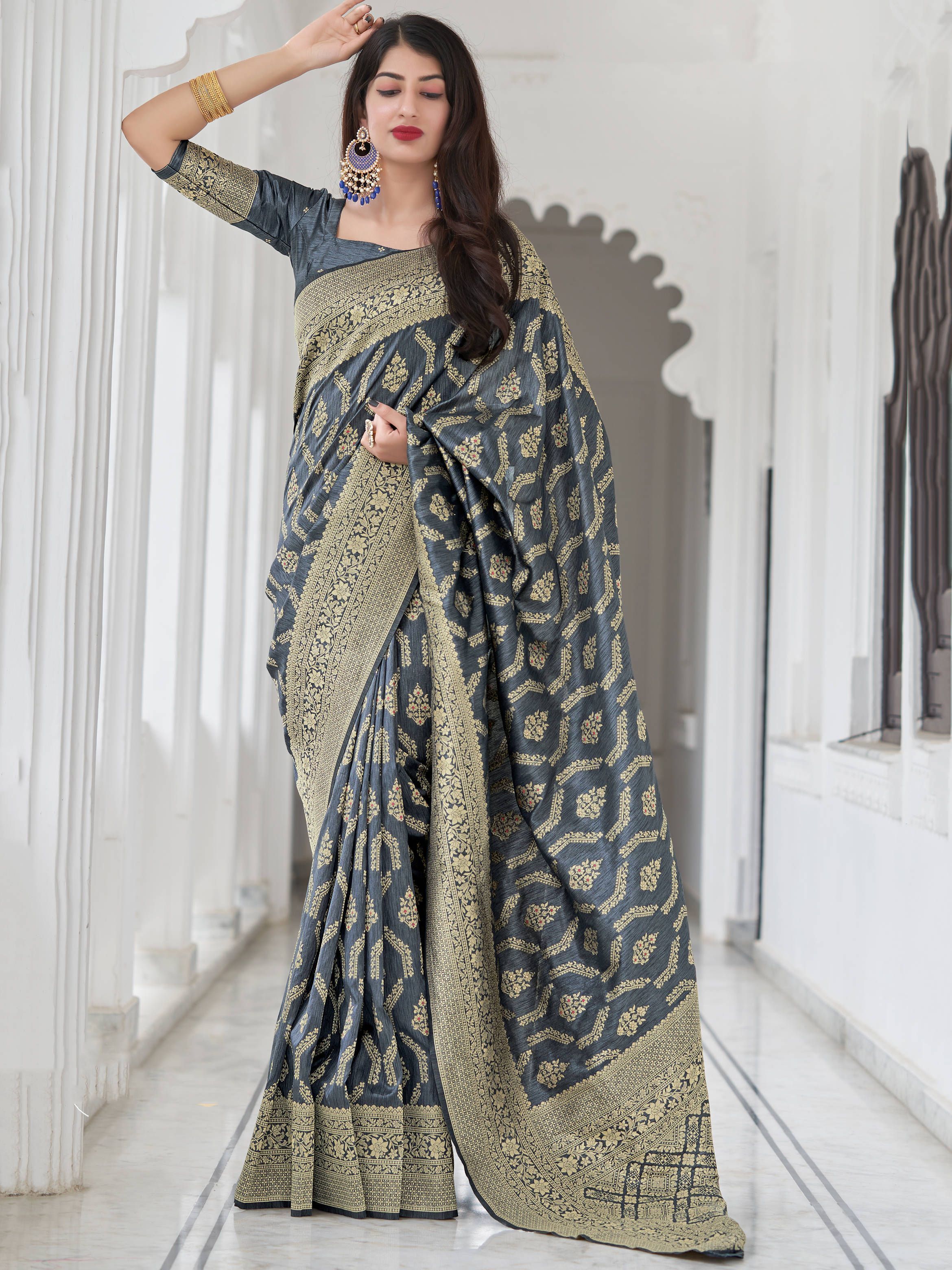 Grey Banarasi Silk Festive Wear Saree With Blouse