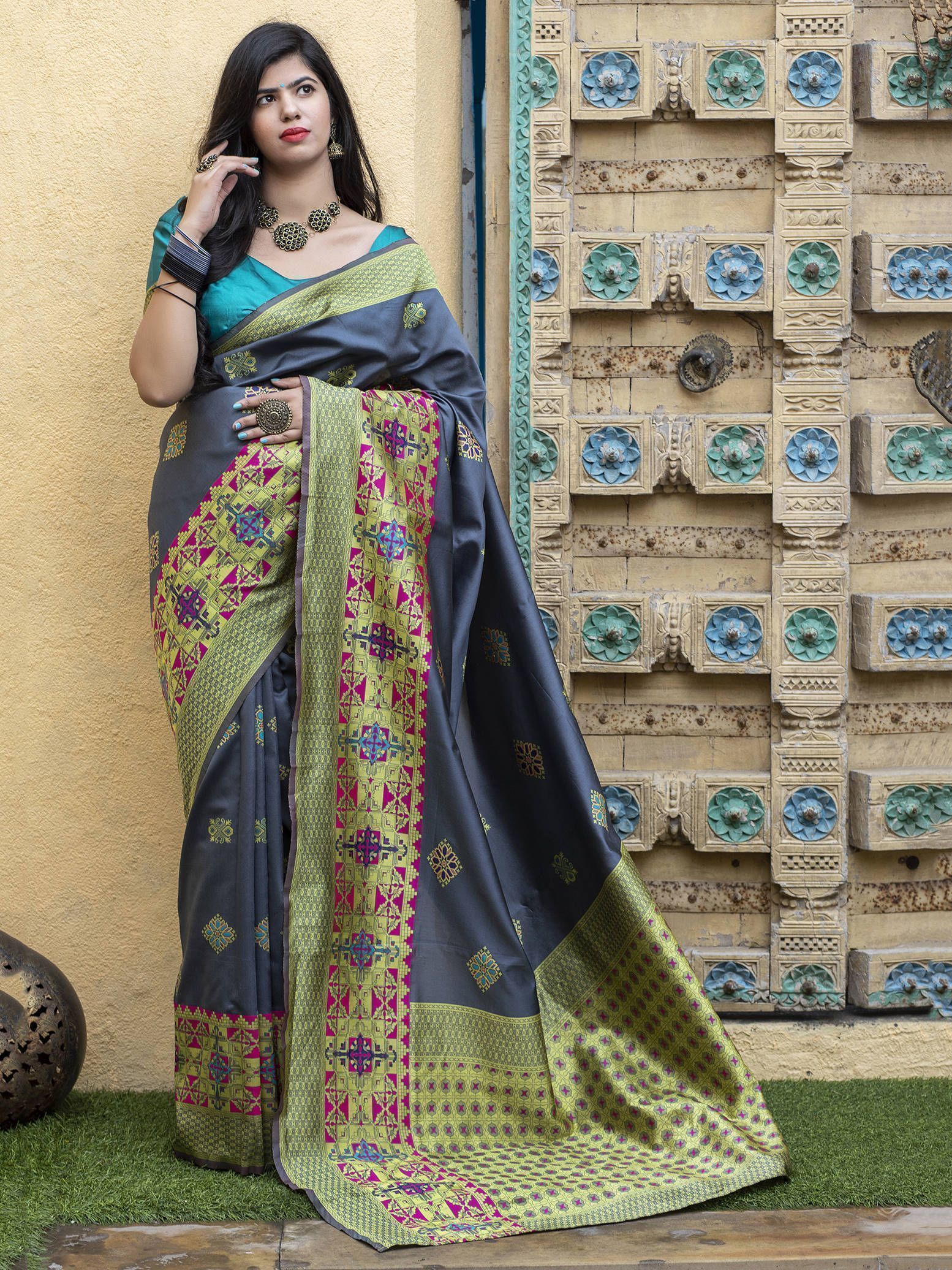Grey Heavy Bordered Banarasi Silk Wedding Wear Saree With Blouse