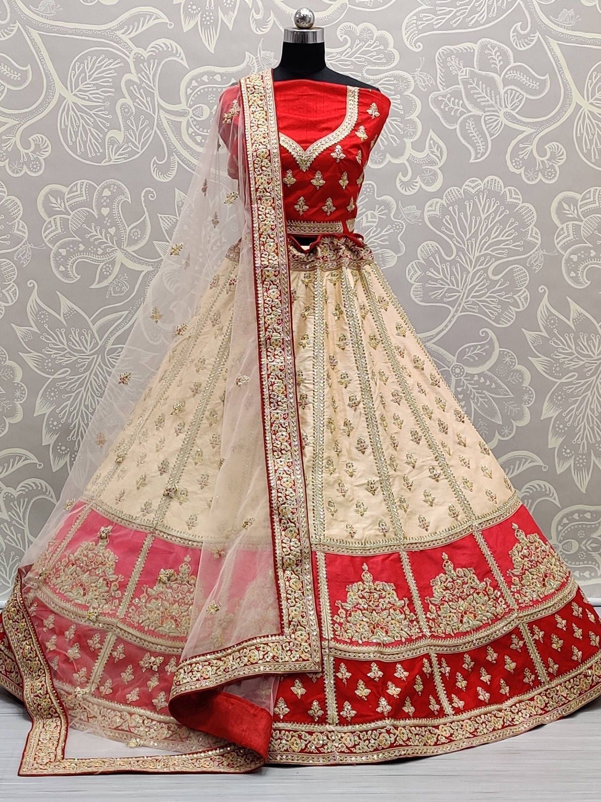 Cream & Red Dori Embroidered Silk Bridal Wear Lehenga Choli