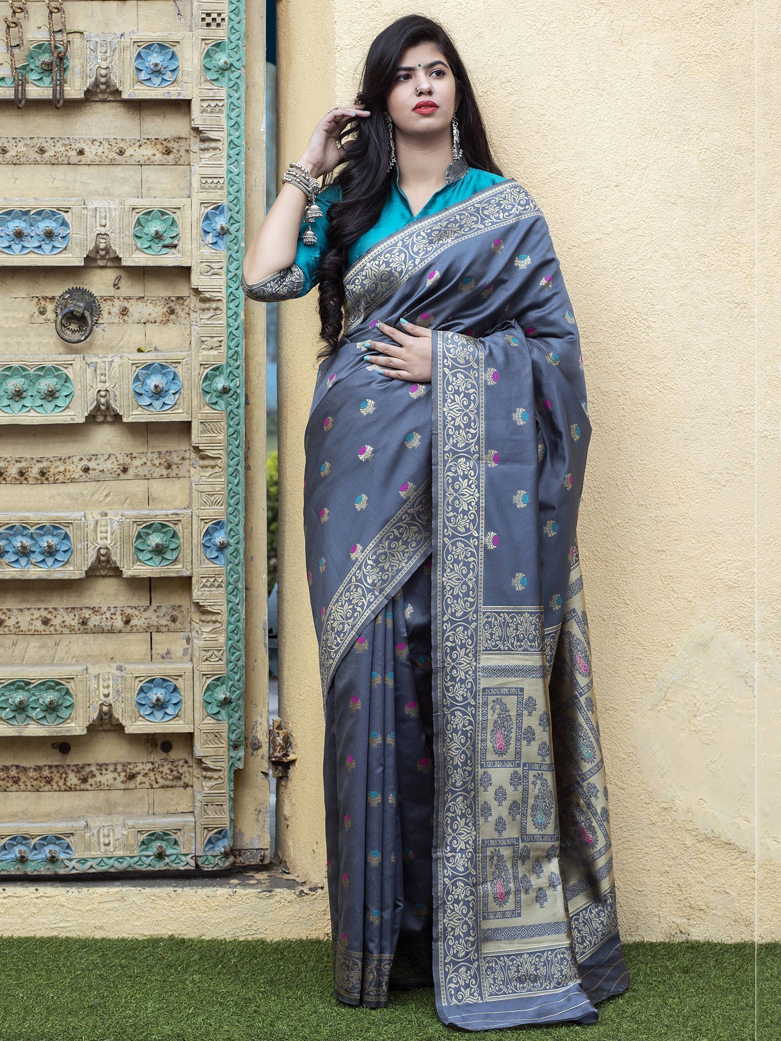 Grey-Blue Banarasi Silk Festival Wear Saree With Blouse