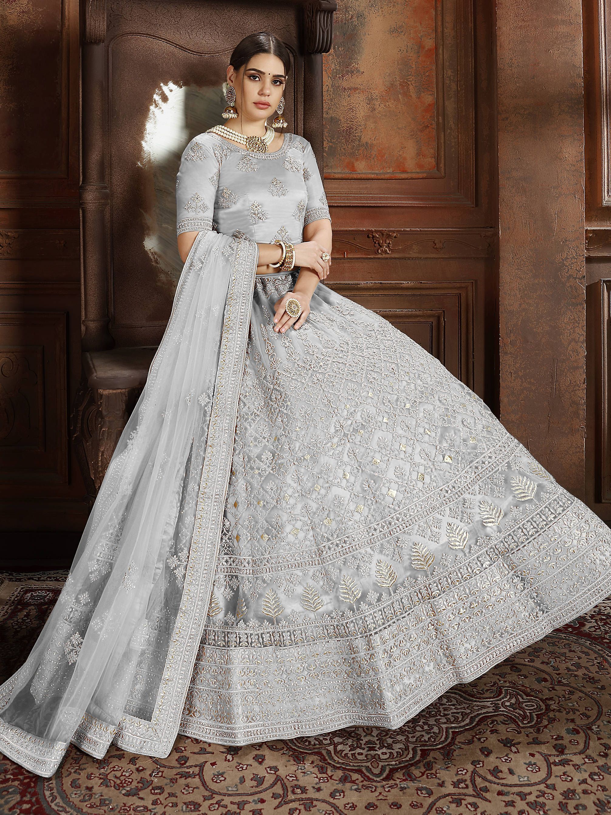 Light Grey Thread Embroidered Net Wedding Lehenga Choli With Dupatta (Default)