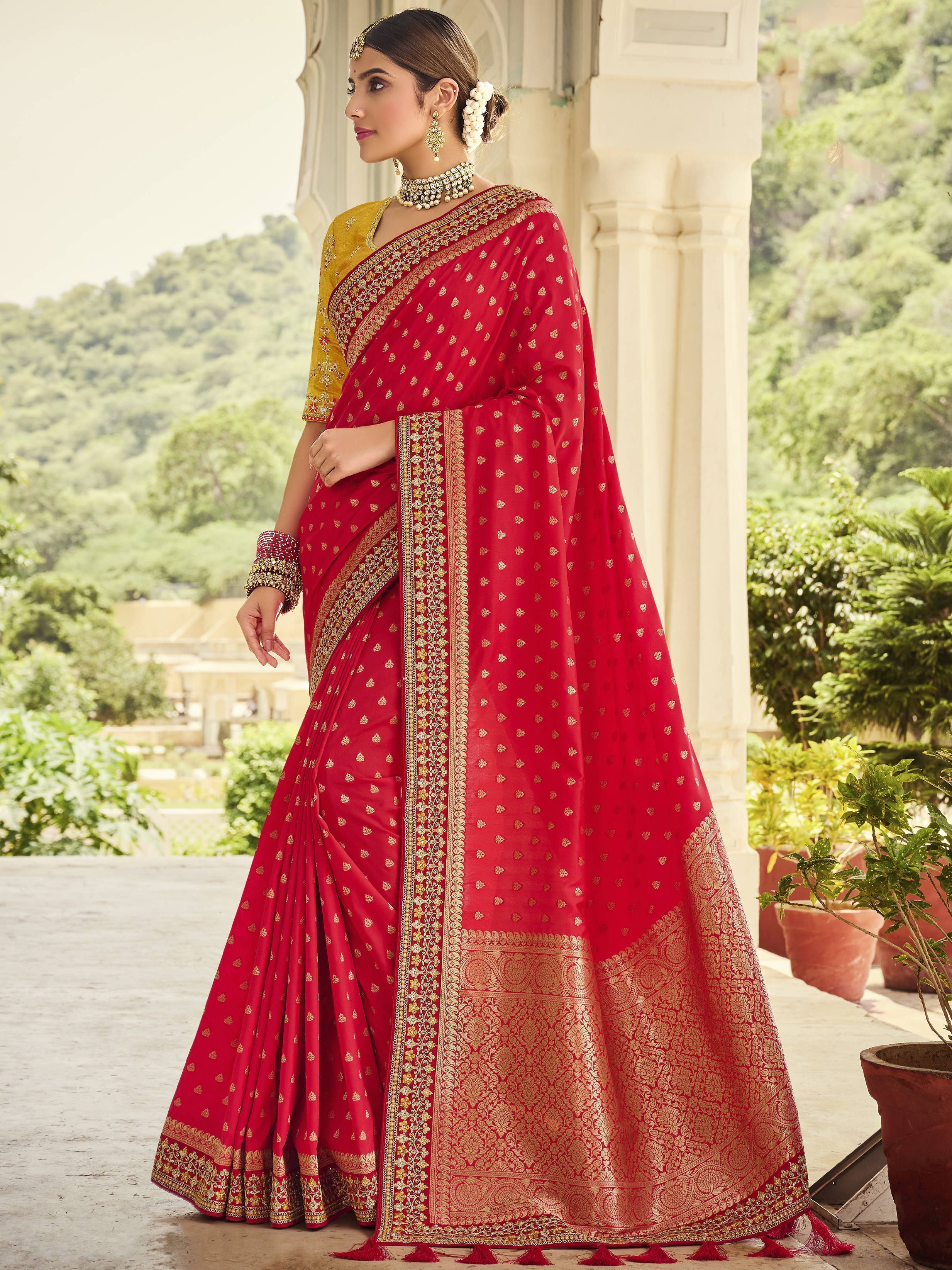 Red & Yellow Embroidered Silk Wedding Wear Saree With Blouse