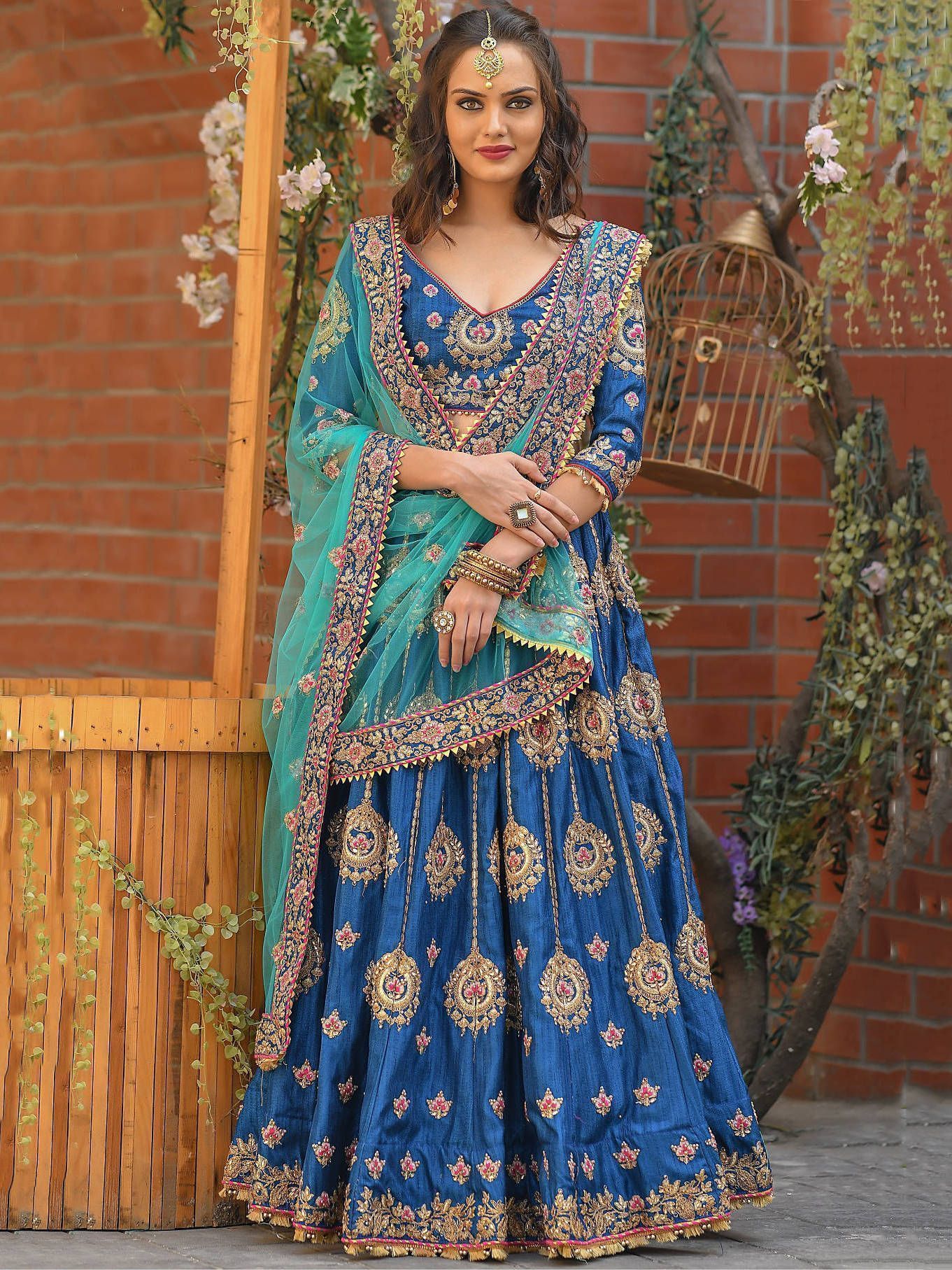 Blue Resham Embroidered Silk Wedding Wear Lehenga Choli With Dupatta