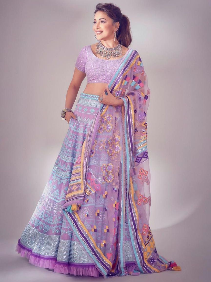 Madhuri Dixit Purple Sequin Net Party Wear Lehenga Choli