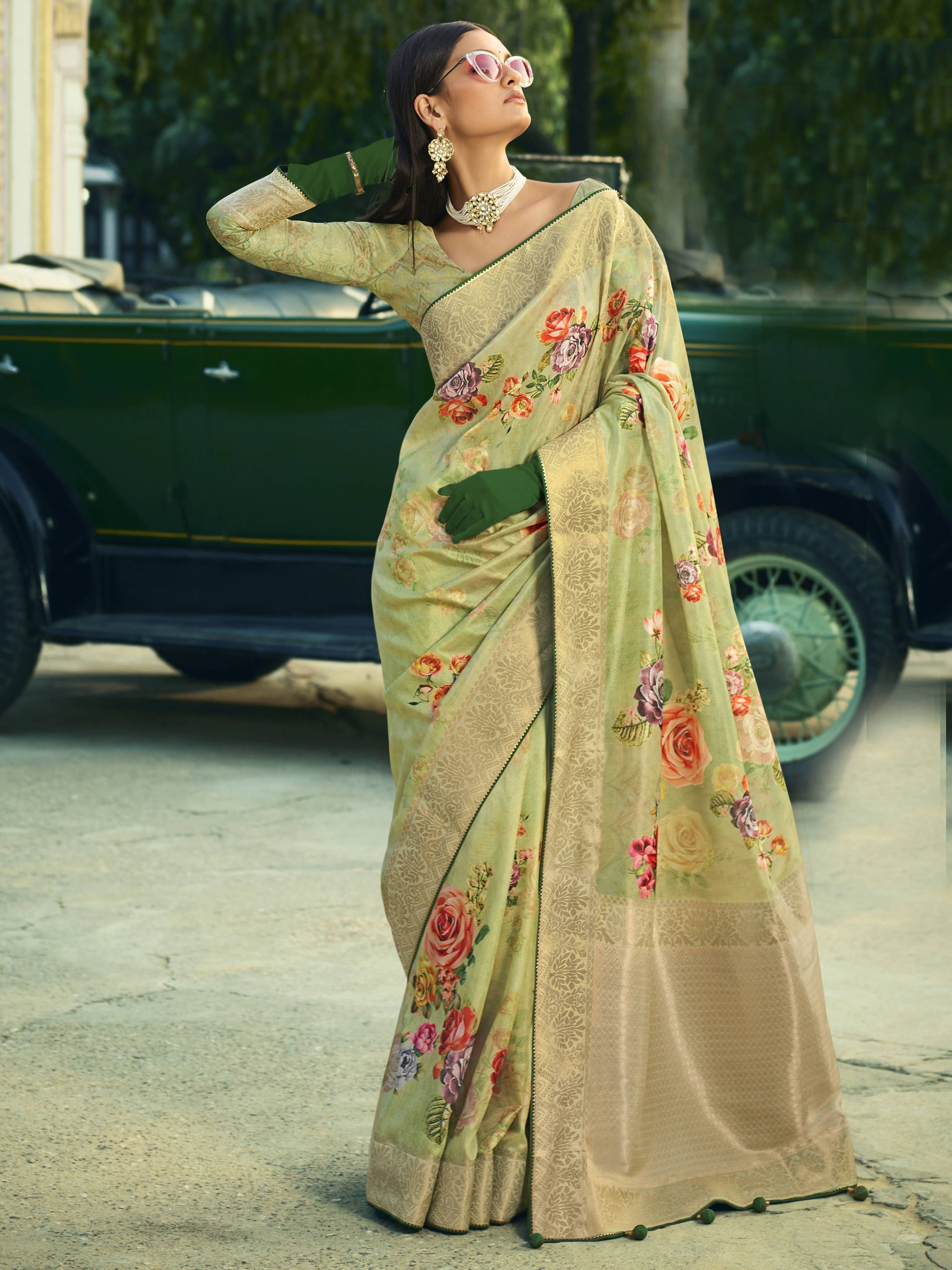 Green Digital Printed Silk Festival Wear Saree With Blouse