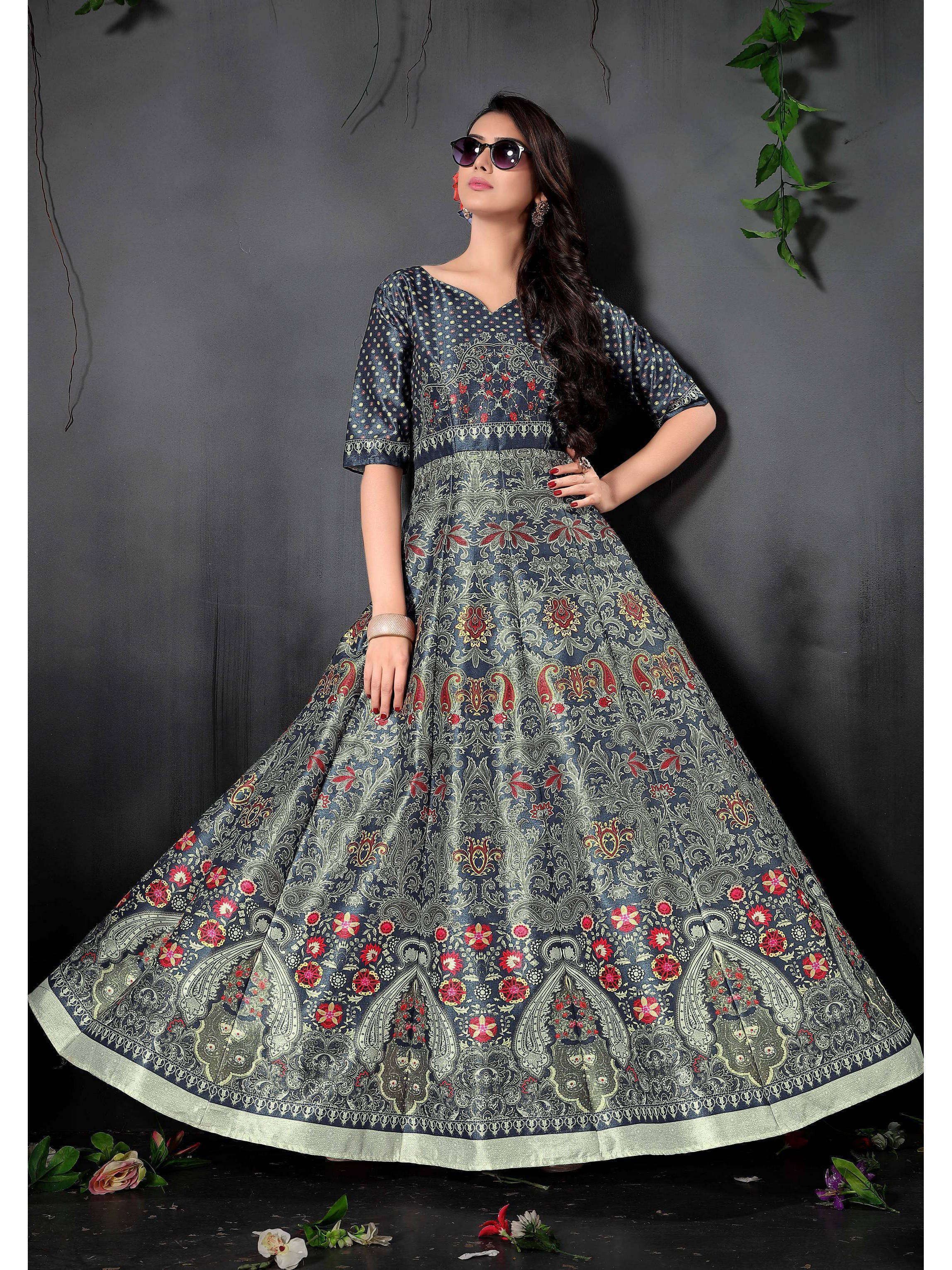 Navy Blue Digital Floral Printed Readymade Gown