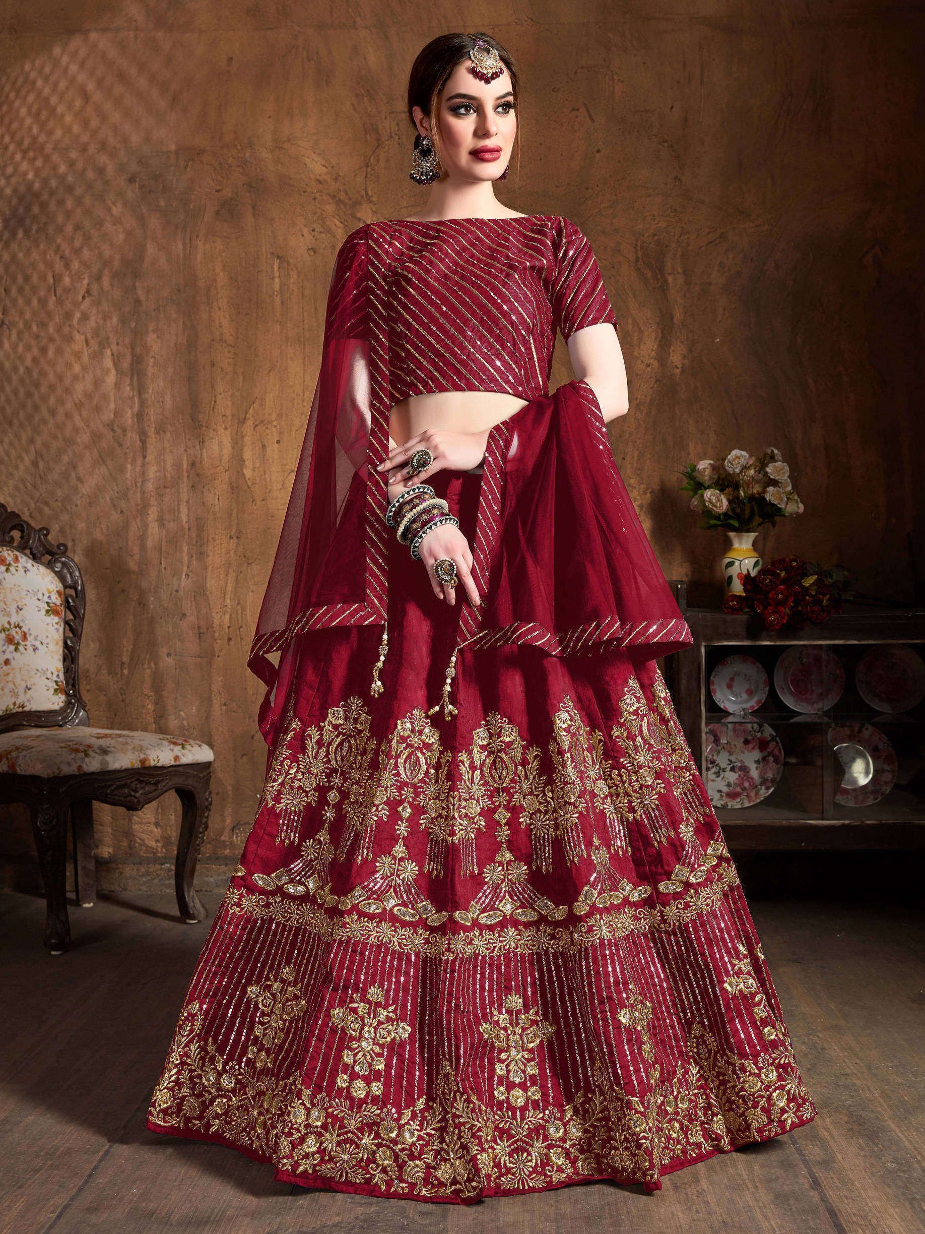 Red Zari Embroidery Art Silk Bridal Lehenga Choli With Dupatta (Default)