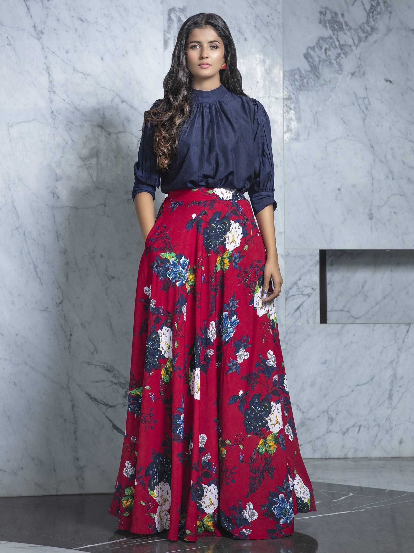 Readymade Maroon Printed Crepe Indo Western Skirt With Navy Blue Top 