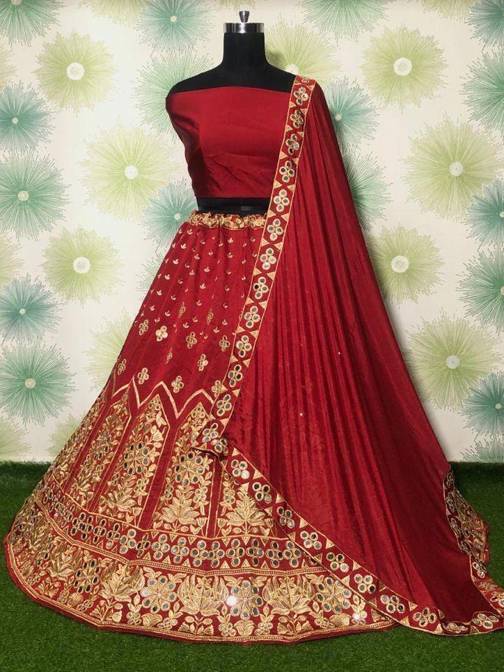 Red Mirror Work Embroidered Taffeta Wedding Wear Lehenga Choli
