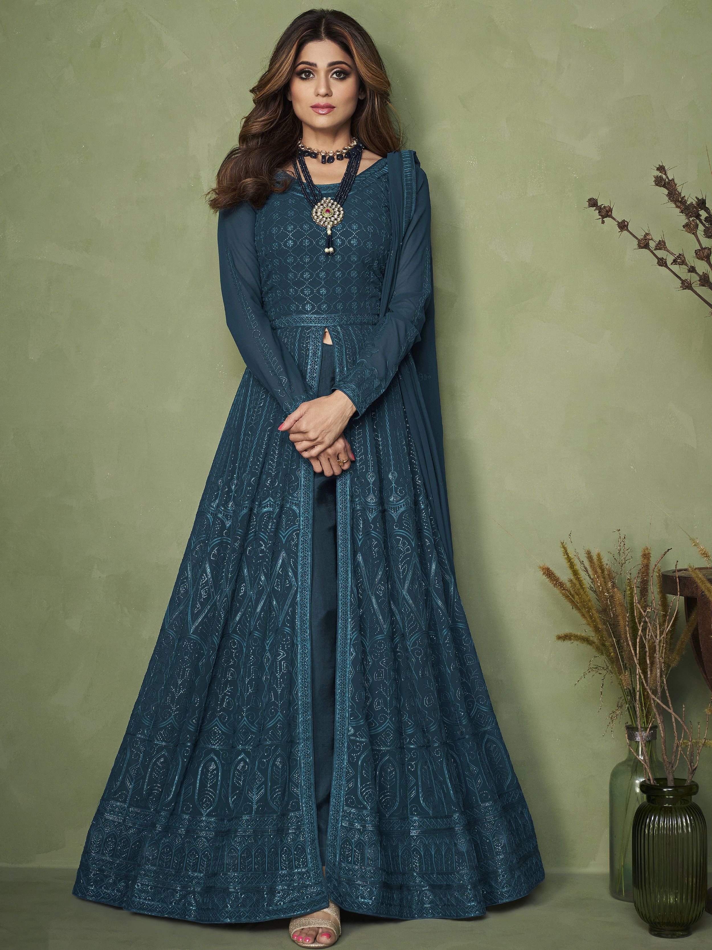 Desirable Blue Embroidered Georgette Party Wear Anarkali Gown
