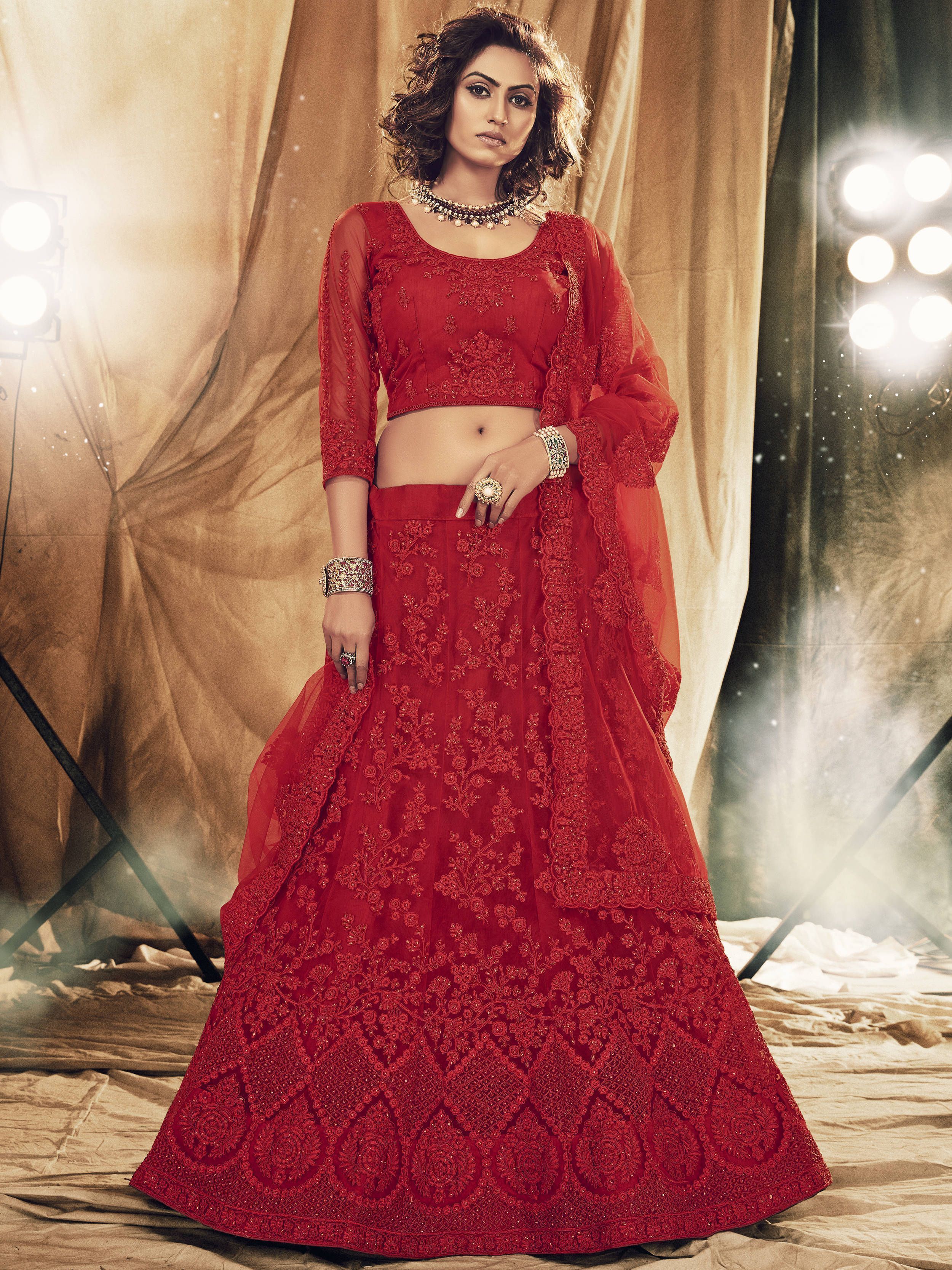 Red Floral Stone Embroidered Net Bridal Lehenga Choli