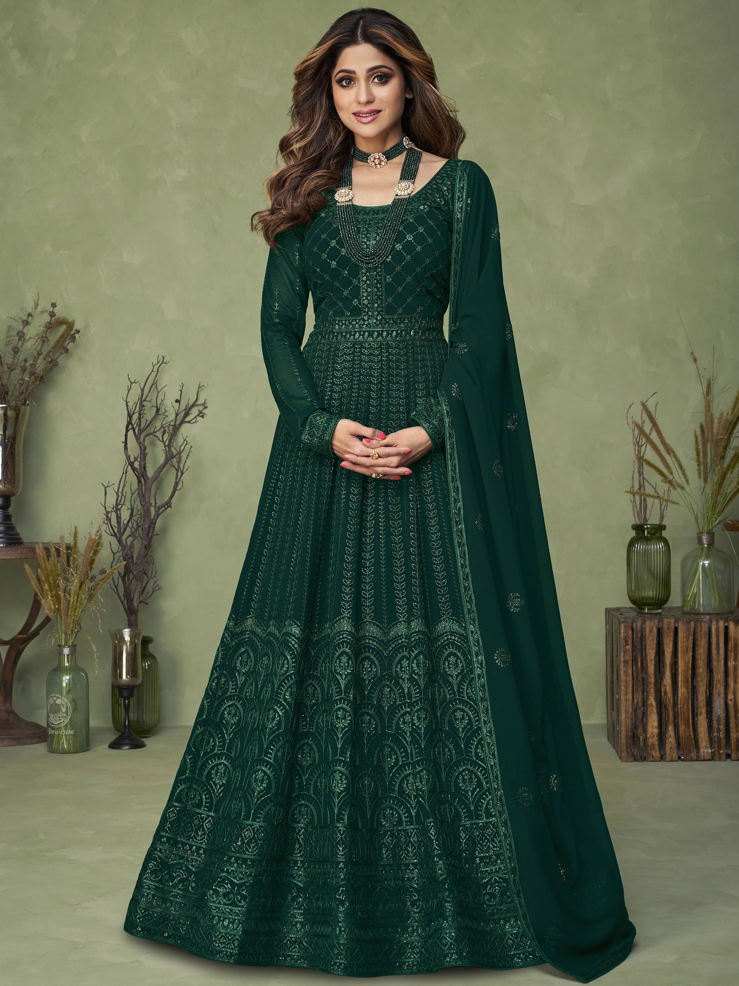Superb Green Embroidered Georgette Party Wear Anarkali Gown