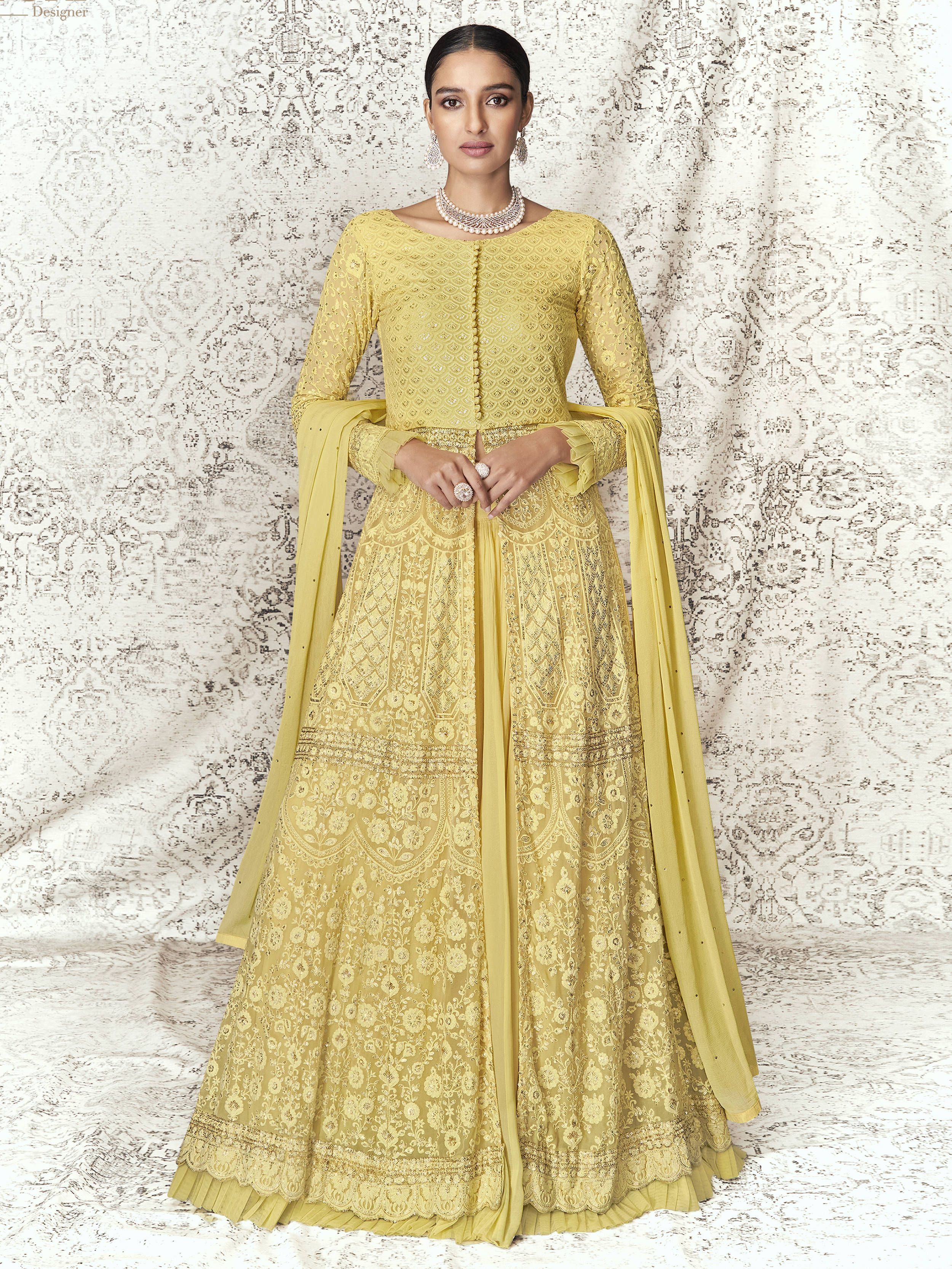 Yellow Georgette Slit Cut Thread Embroidered Salwar With Dupatta