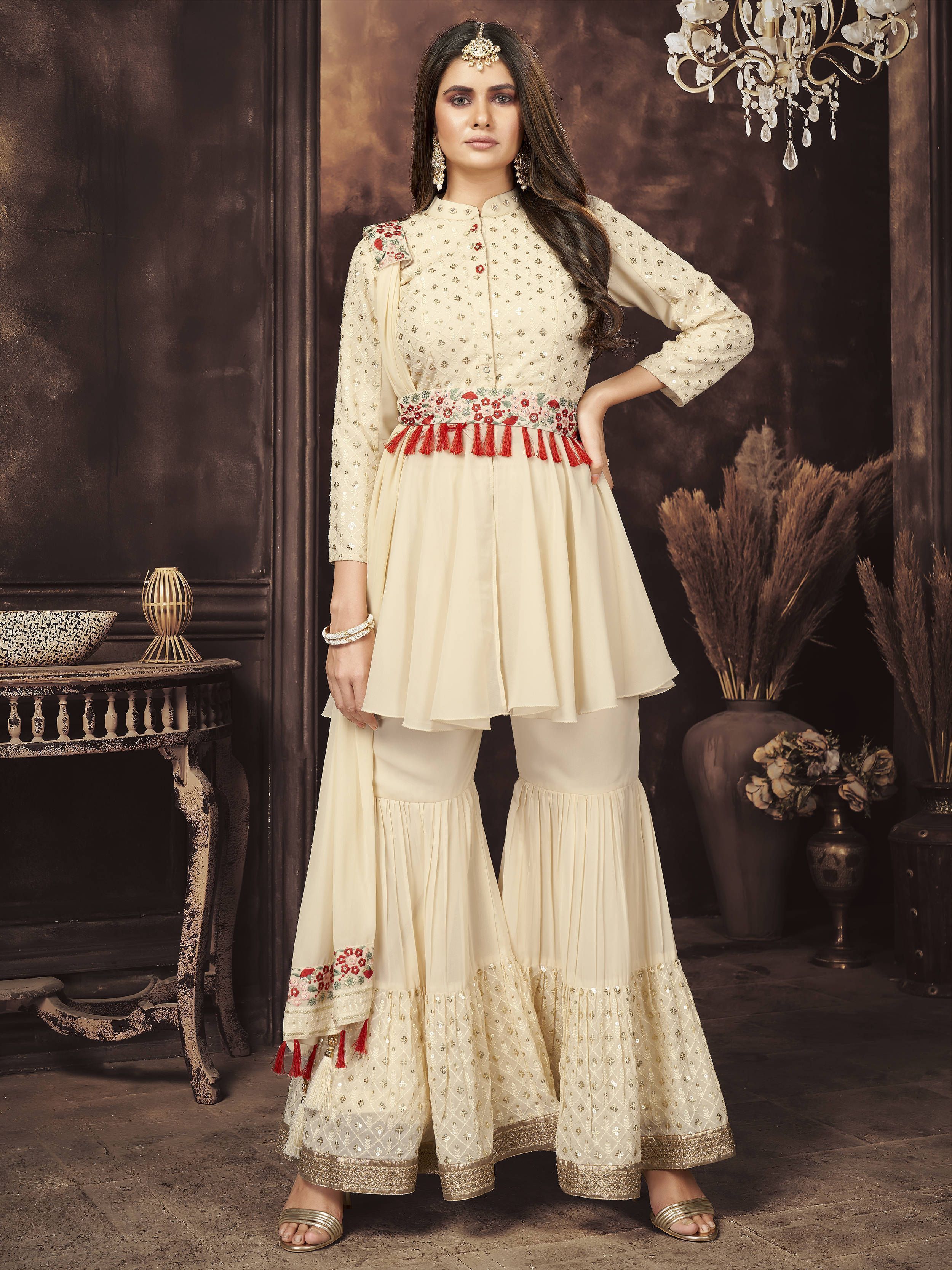 Fantabulous Off-White Sequins Georgette Ready-Made Peplum Top Sharara